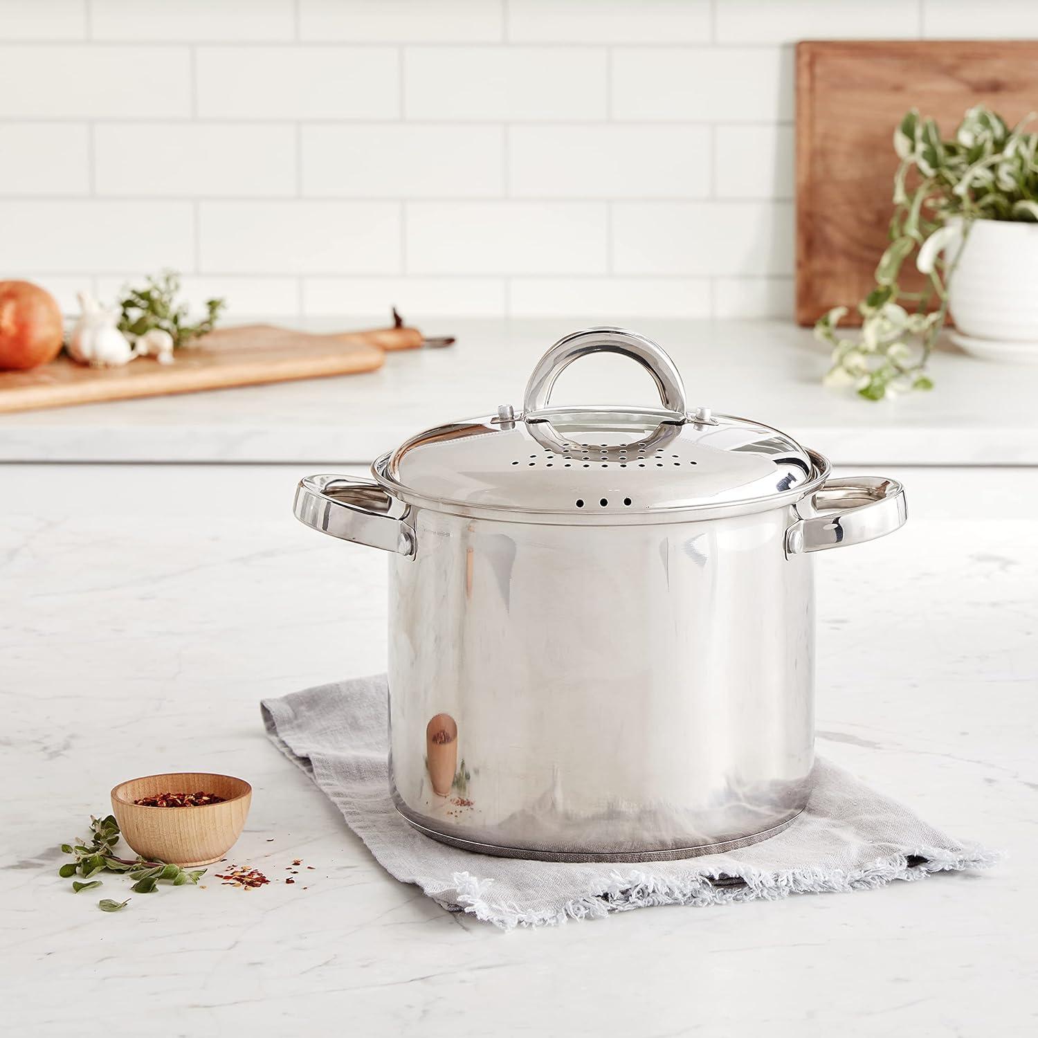 Stainless Steel 5-Quart Pasta Pot with Strainer Lid and Steamer Basket