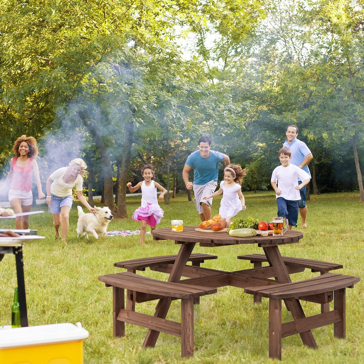 70" Brown Wooden Round Picnic Table with Built-In Benches