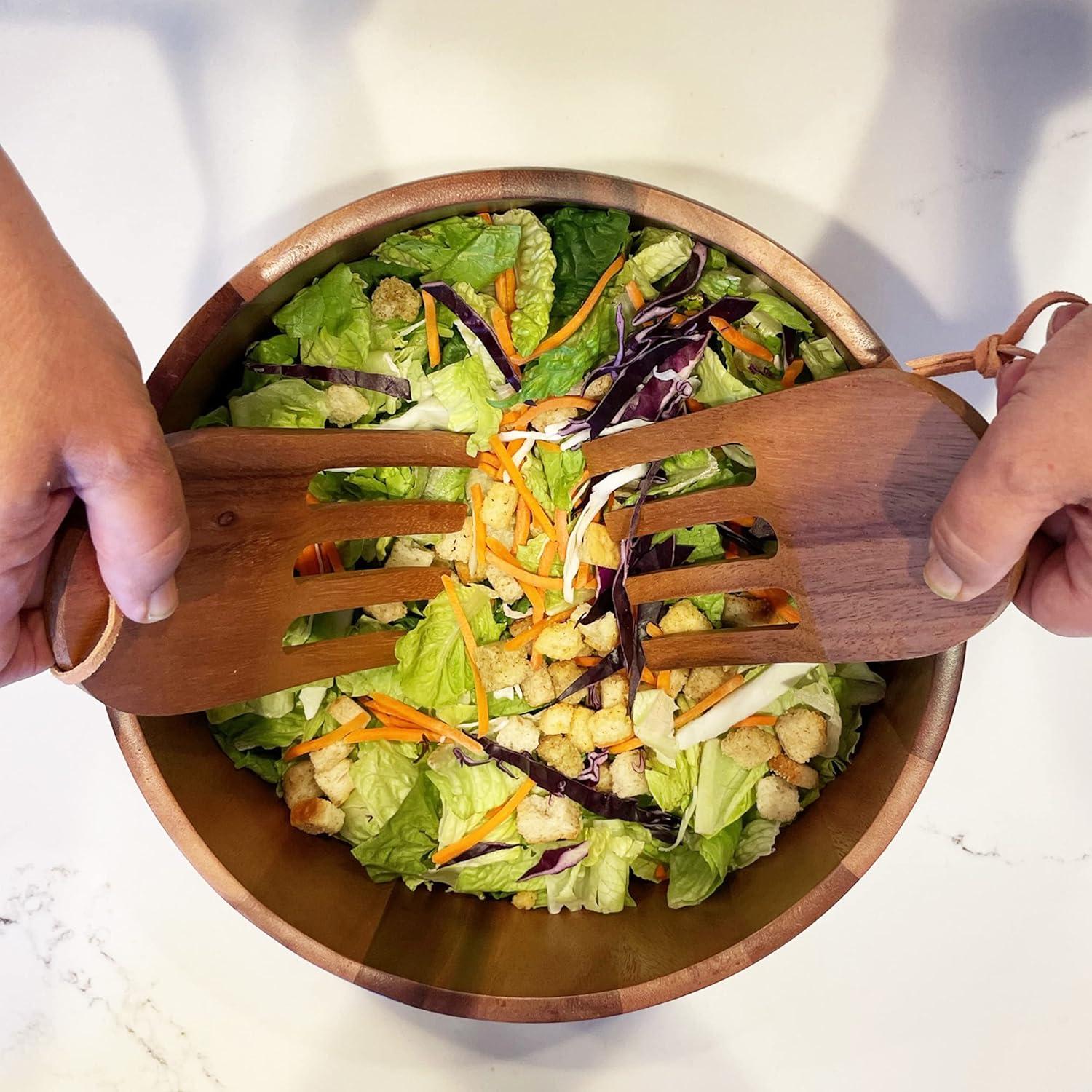 Acacia Wood 10" Salad Serving Bowl with Salad Hands