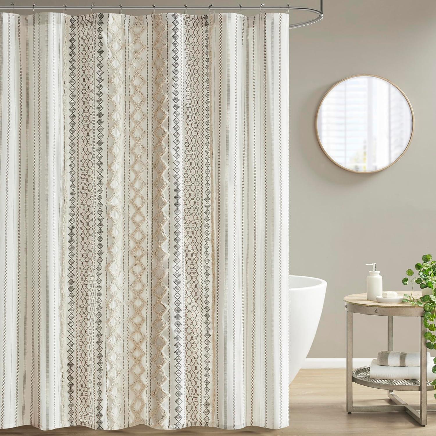 Ivory Cotton Shower Curtain with Chenille Stripe, 72in