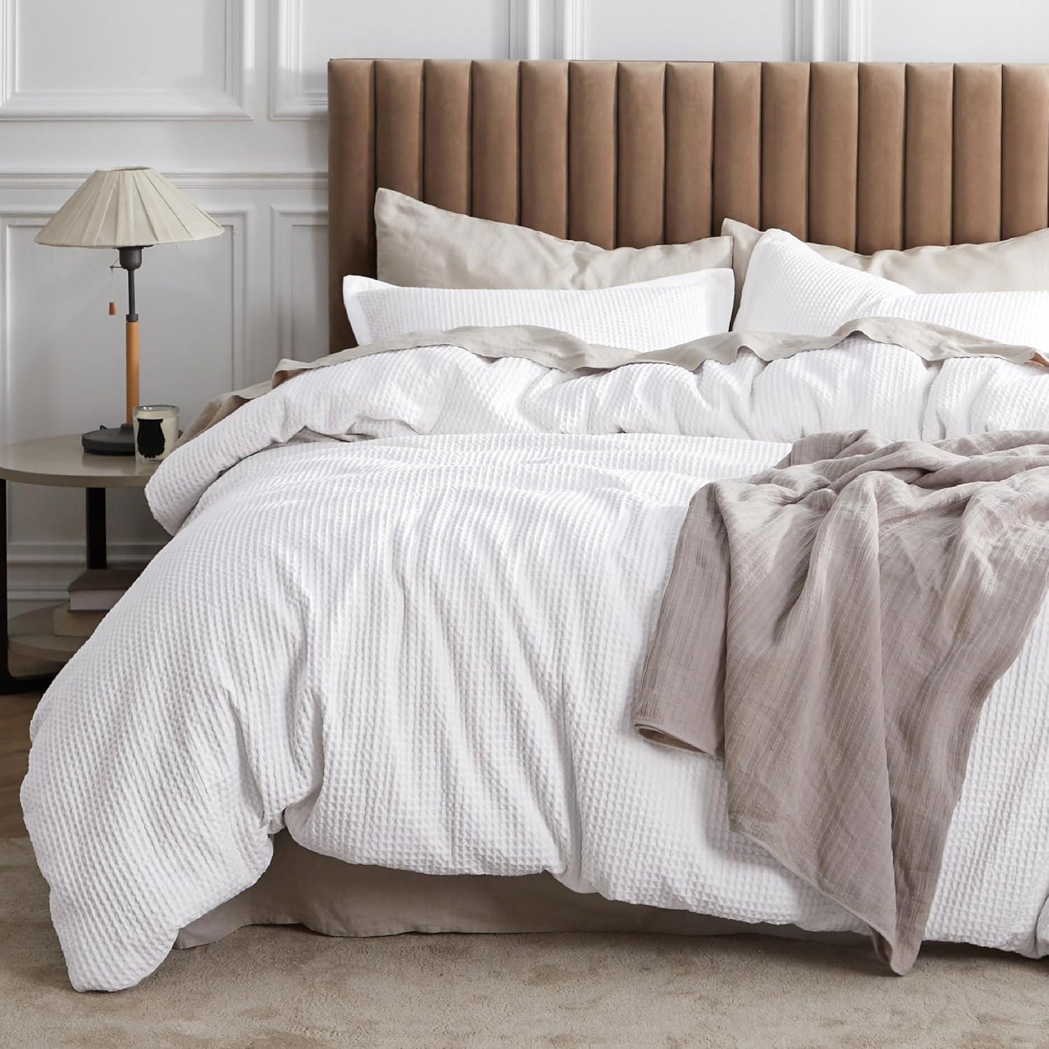 King Size White Cotton Waffle Weave Duvet Cover Set