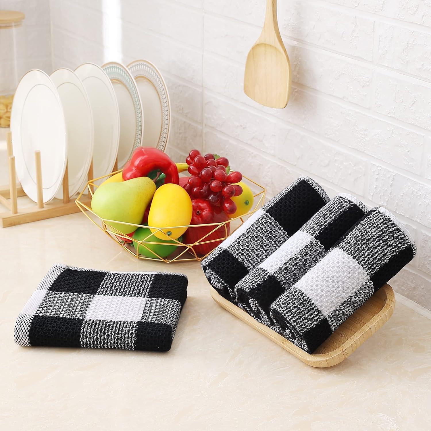 decorUhome 4-pack 100% Cotton Waffle Weave Kitchen Towels, 13x28 Inches, Super Soft and Absorbent Dish Towels, White & Black