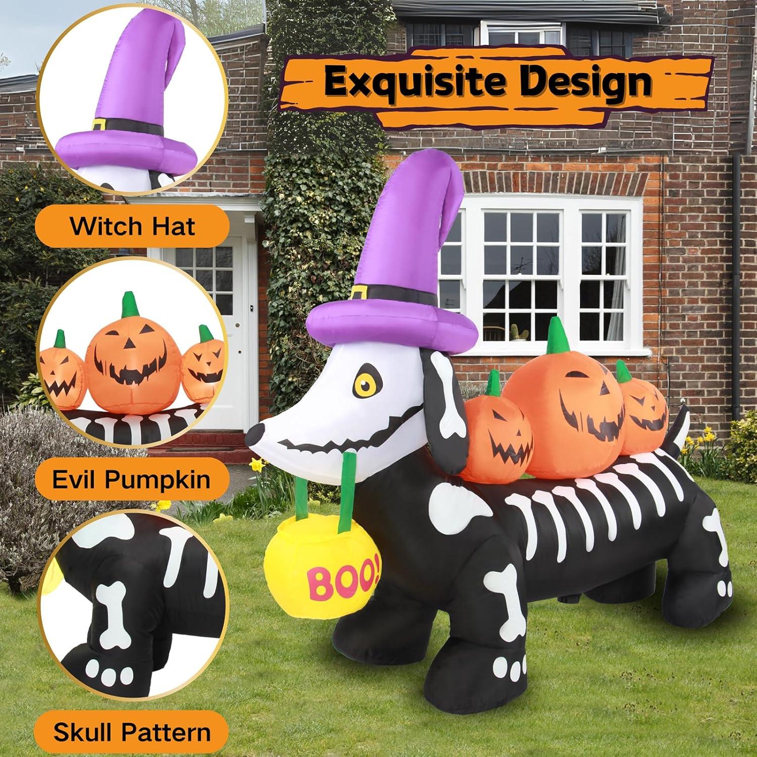 5 FT Halloween Inflatable Skeleton Dog with Pumpkins and LED Lights