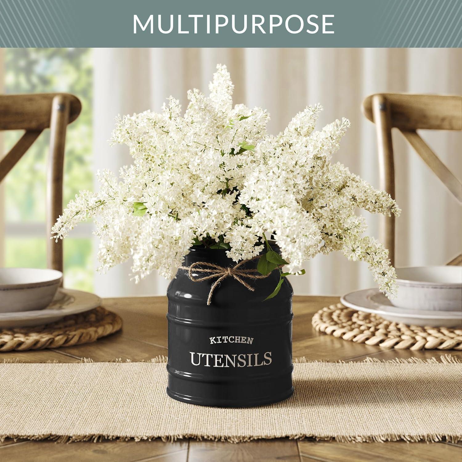 Red Barrel Studio® Ceramic Farmhouse Utensil Holder For Kitchen Counter, Large Rustic Utensil Crock, Countertop Cooking Tool Spatula Organizer, 6.75” (Black)