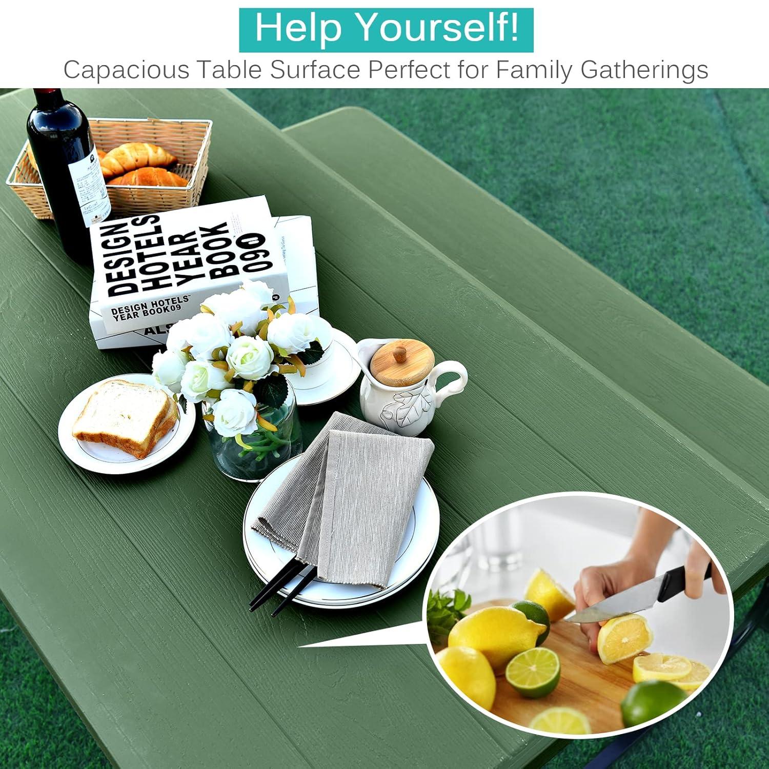 Spaco Picnic Table Bench Set for Outdoor Camping -Green, Furniture Conversation Sets, Coffee Table for Garden, Poolside, Backyard