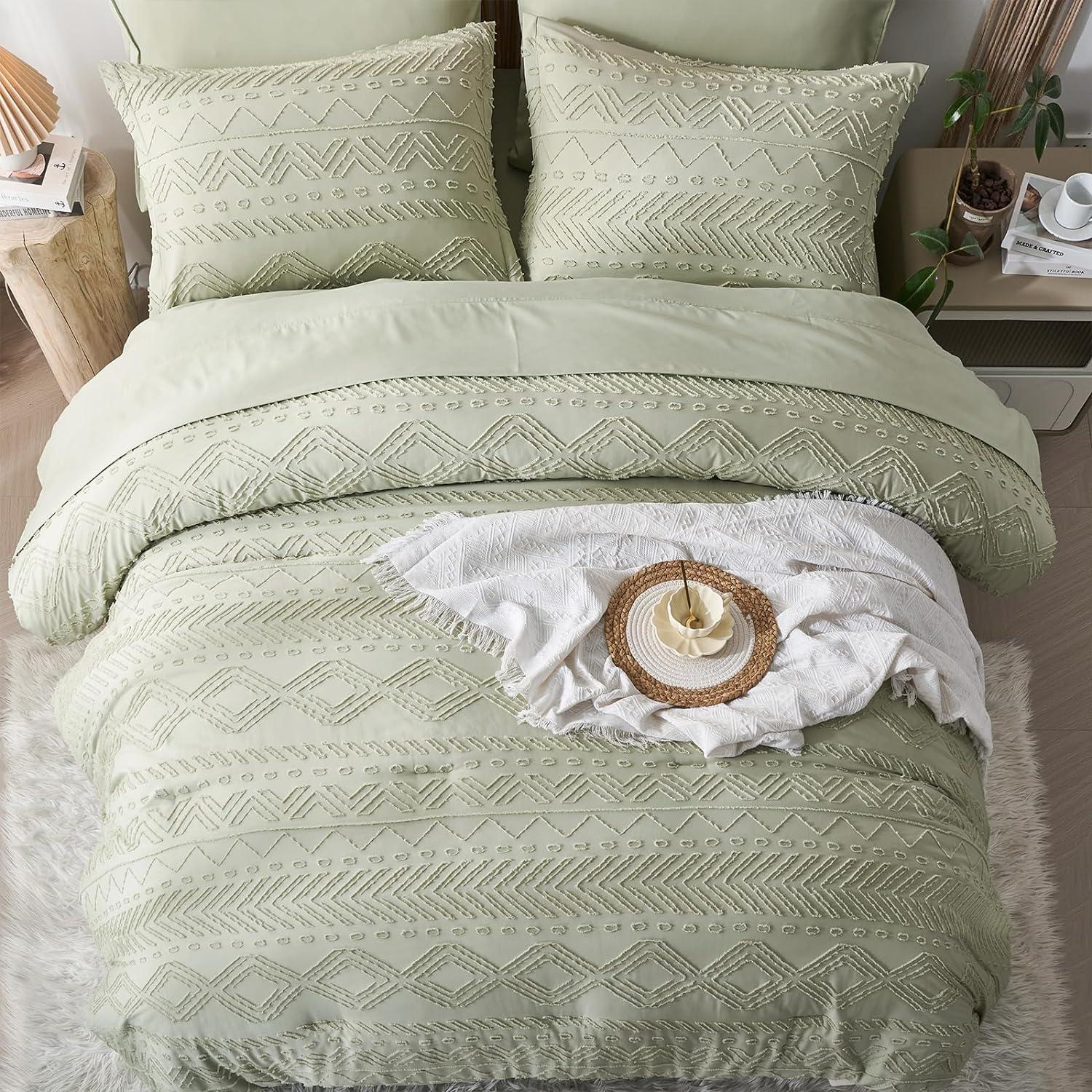 Green Boho Tufted Full Microfiber Comforter Set