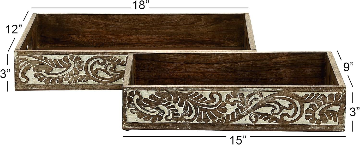 Olivia & May Set of 2 Farmhouse Mango Wood and MDF Trays Brown: Basket Tray Style, Decorative Coffee Table Accessory