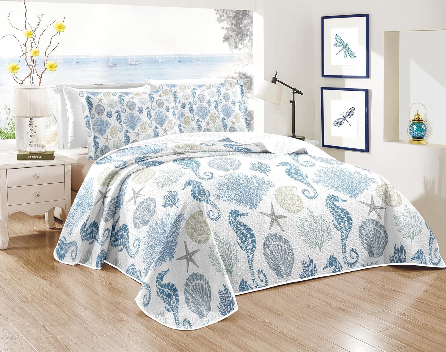 Coastal Quilt Set - Lightweight Soft Coastal Bedspread for Beach House Decor (Blue)