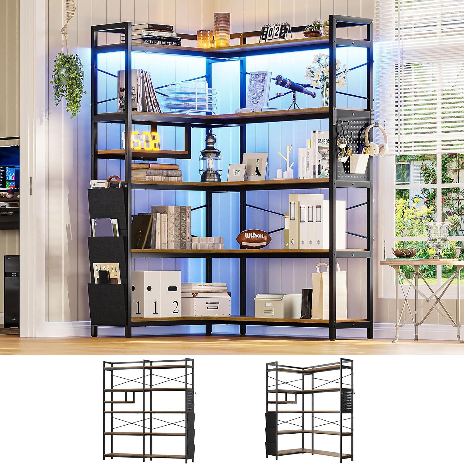 5-Tier Book Shelf with LED Light, 63" Reversible Storage Shelves, Corner Bookshelf with Storage Bag and Pegboard, Black