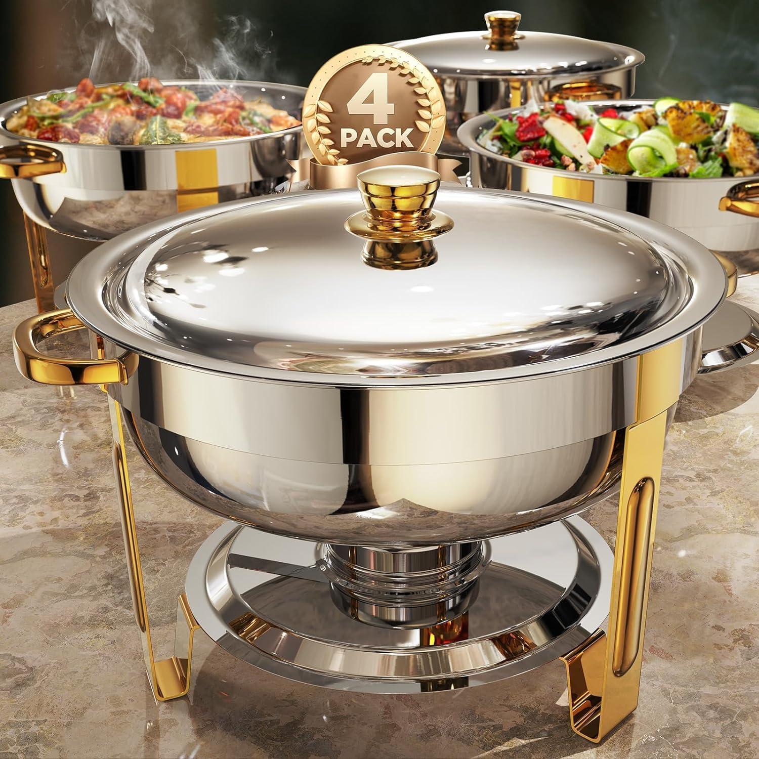 WhizMax Chafing Dish Buffet Set 2 Pack 5QT, Stainless Steel Round Chafing Dishes for Buffet with Lid Holder & Glass Lid, Gold