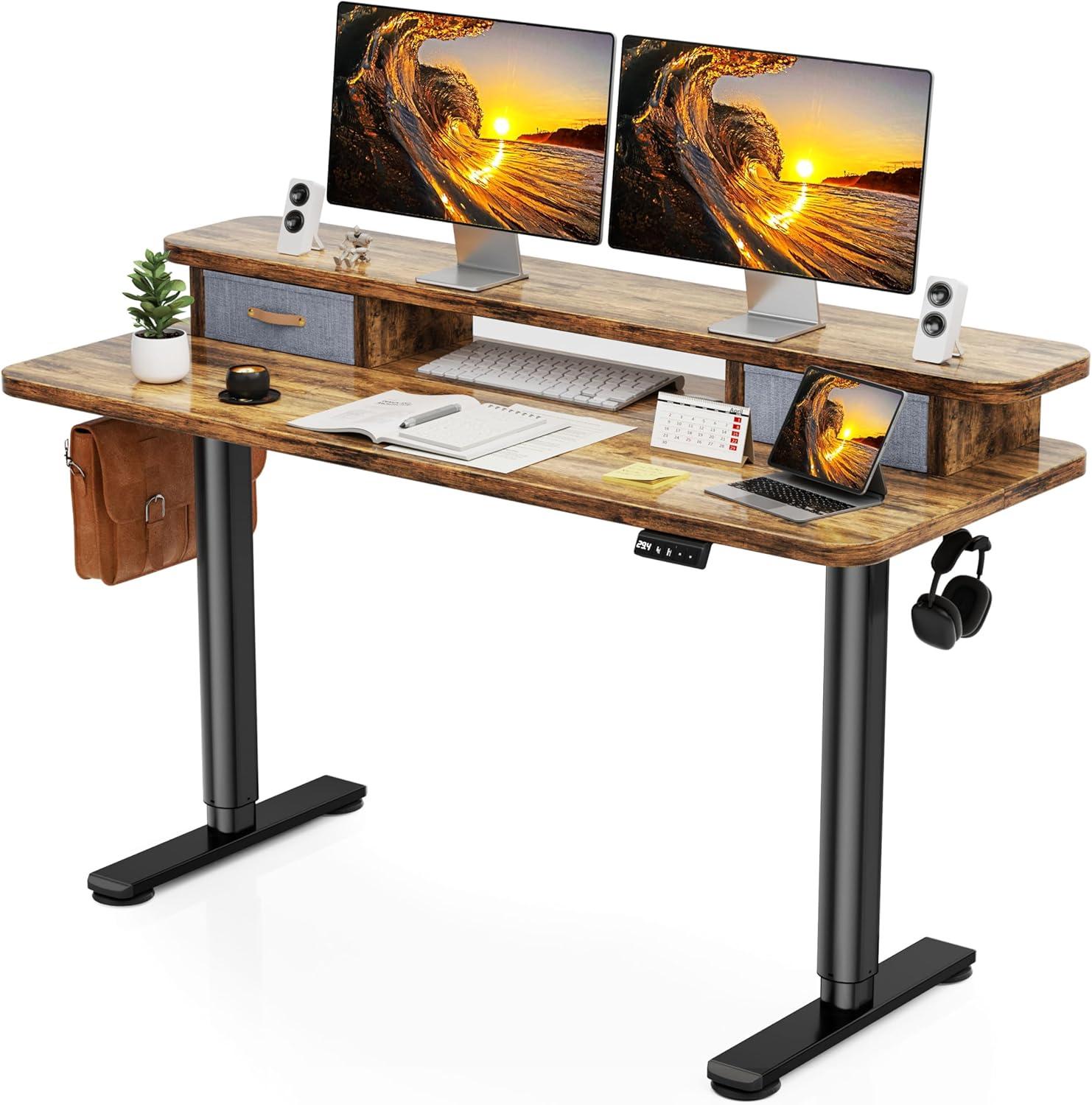 Rustic Brown Adjustable Height Standing Desk with Drawers and Shelf