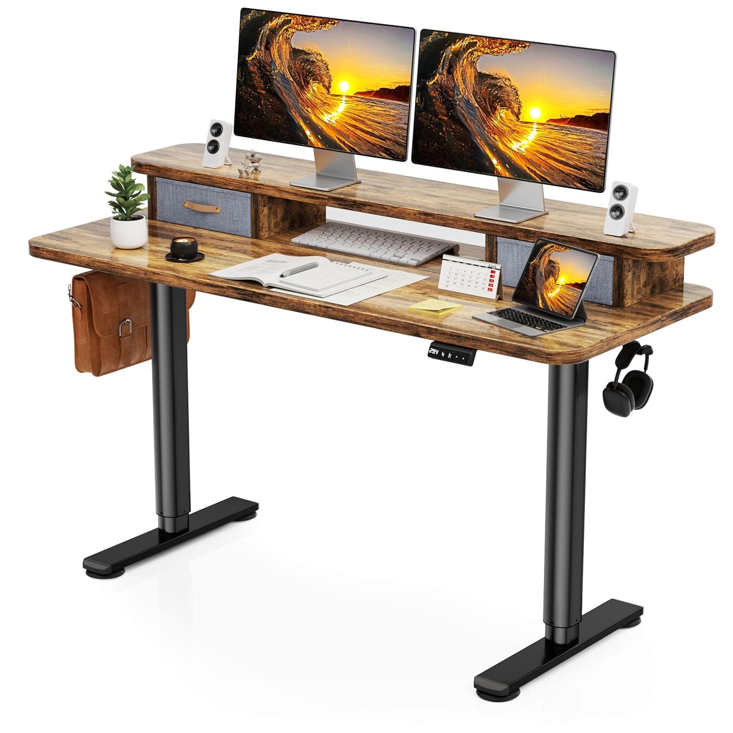 Agilestic Adjustable Height Electric Standing Desk with Storage Wooden Drawer, 55 x 24 Inches Stand Up Home Office Computer Gaming Table for Work Office Home, Rustic Brown