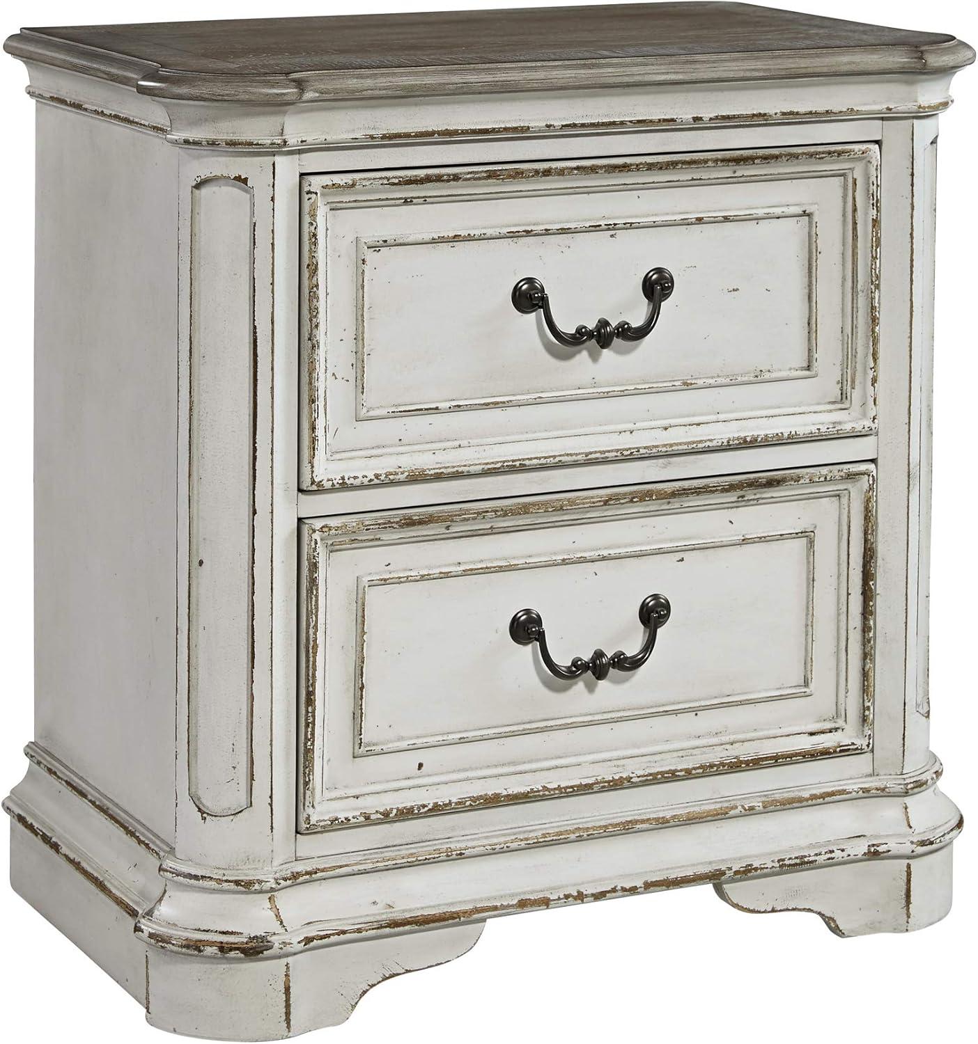 Elegant Whitewashed 2-Drawer Nightstand in Antique White with Bead Molding