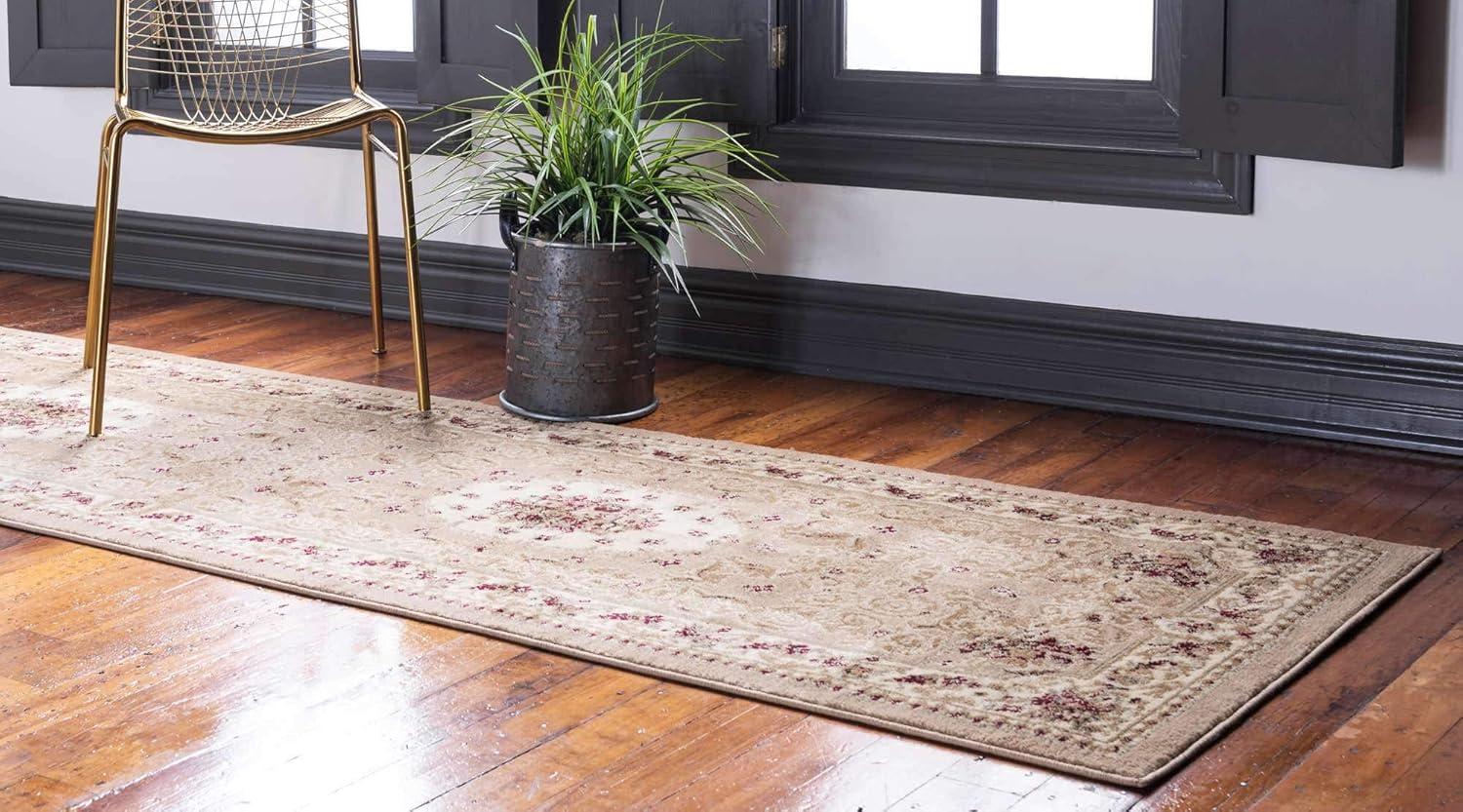 Tan Floral Synthetic Stain-Resistant Runner Rug