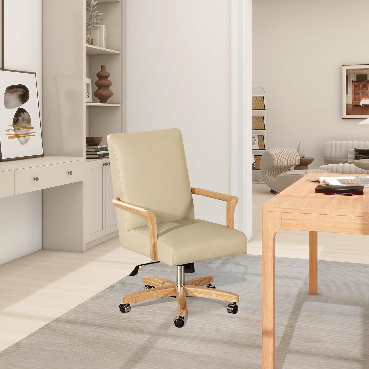 Dumont Modern Farmhouse High Back Executive Home Office Chair, Neutral Cream Beige Leather & Natural Wood