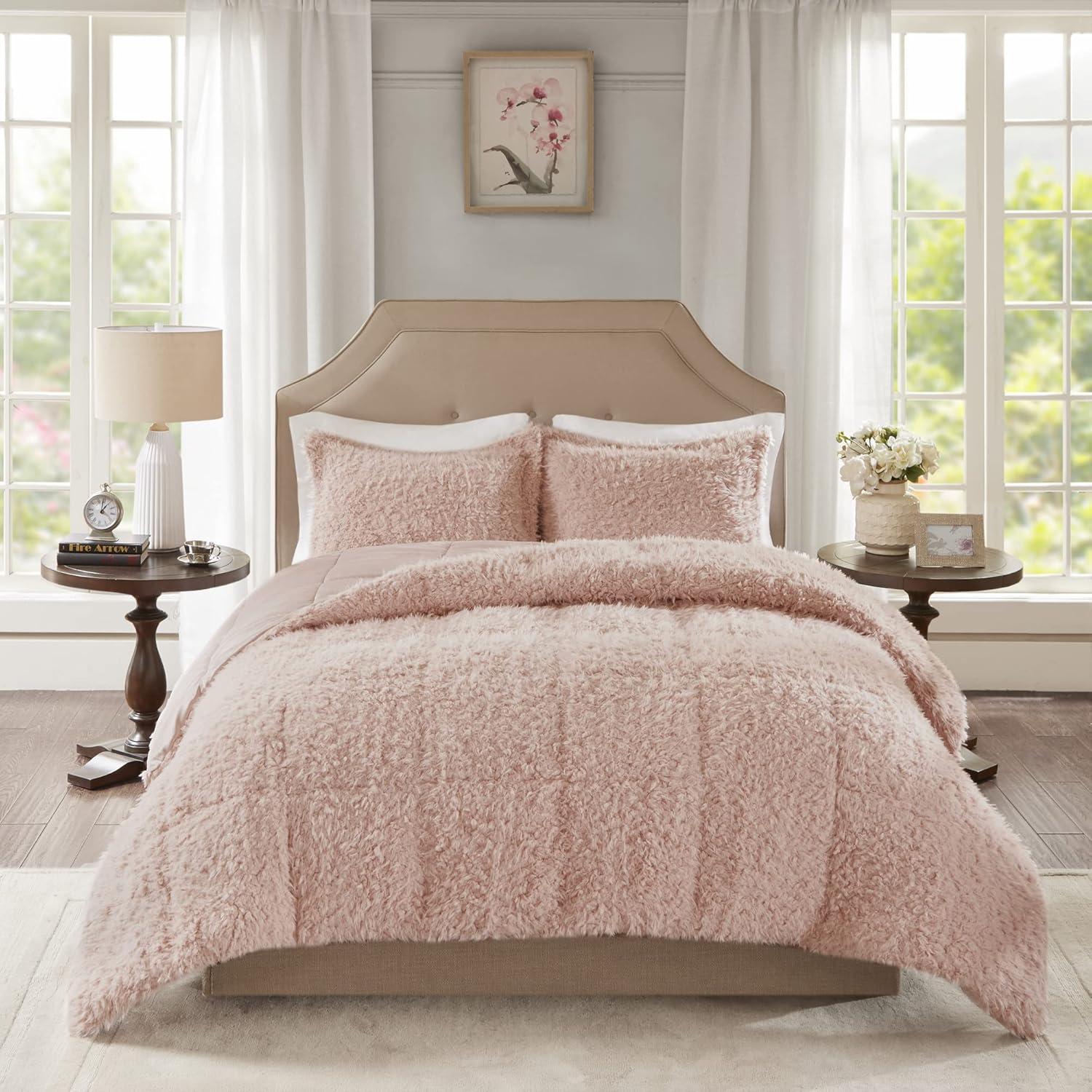 Blush Twin Faux Mohair and Mink Comforter Set