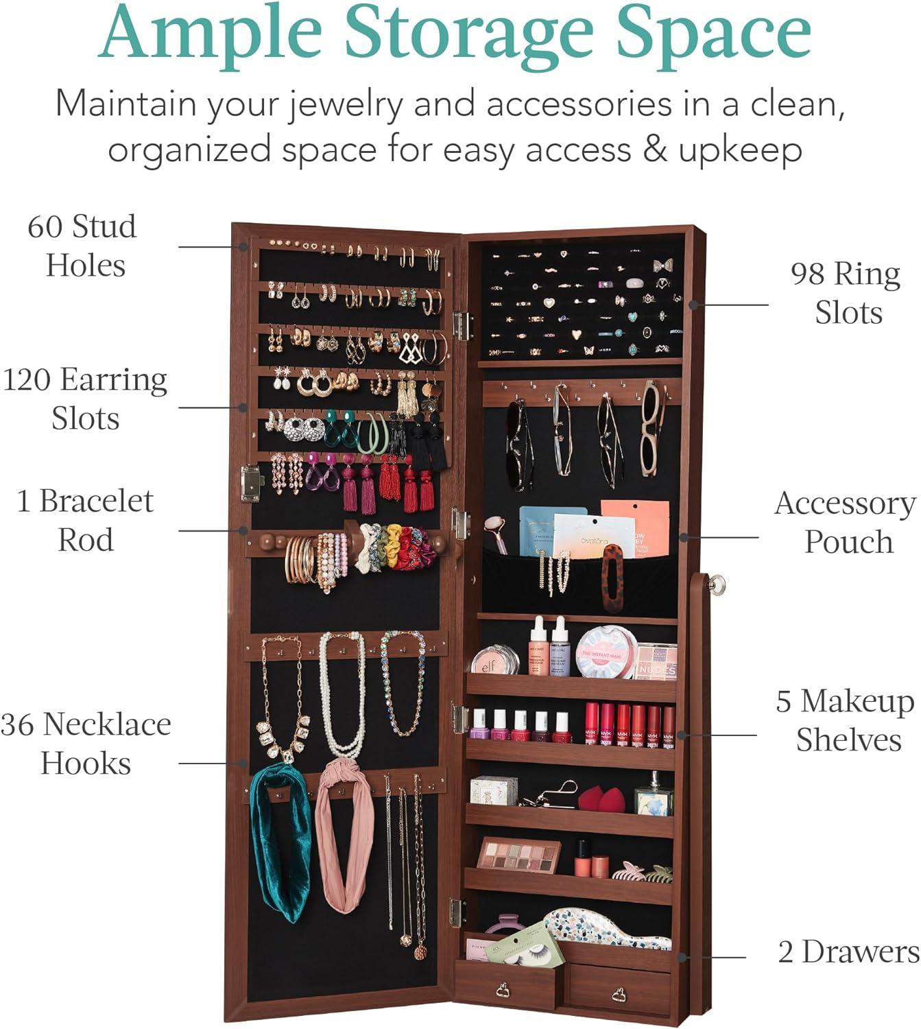 Best Choice Products Jewelry Armoire Cabinet, Full Length Mirror w/ Velvet Storage Interior, Lock