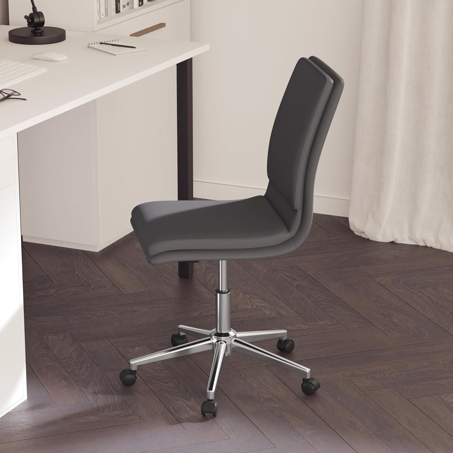Merrick Lane Mid-Back Armless Home Office Chair with Height Adjustable Swivel Seat and Five Star Chrome Base, Black Faux Leather