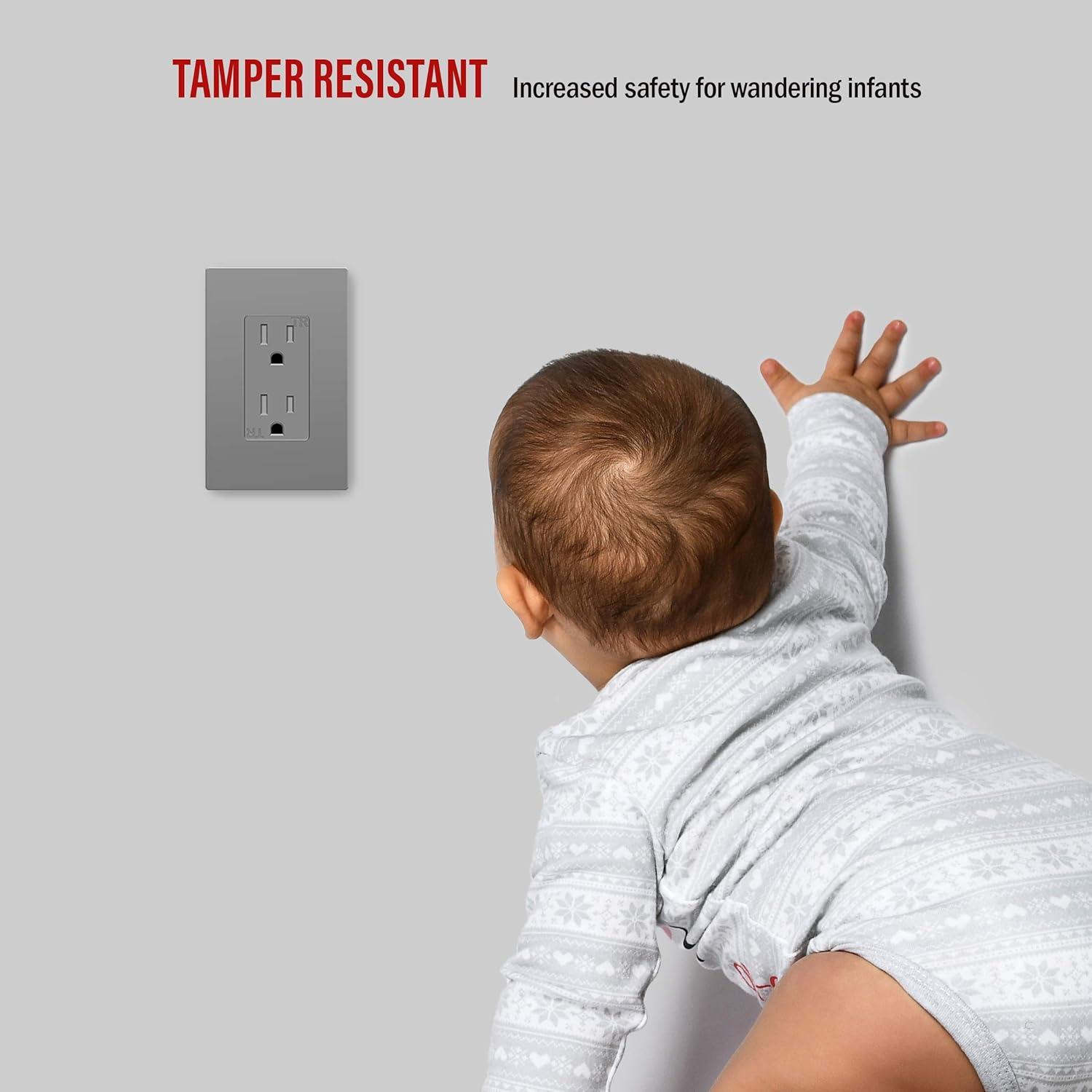 Gray Tamper-Resistant Decorator Receptacle Outlet with Wall Plate
