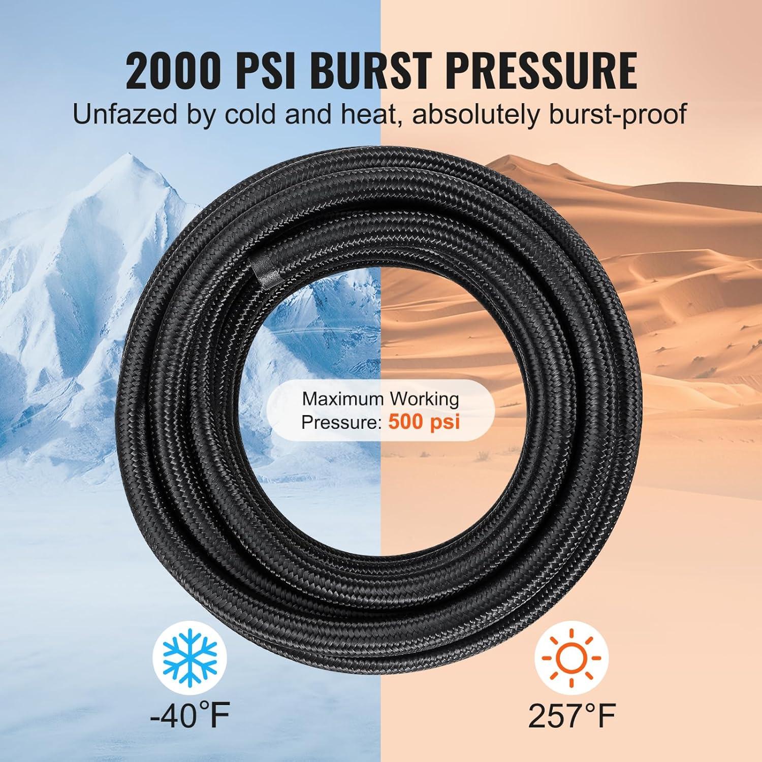 VEVOR 6AN Fuel Line Kit, 20 FT Fuel Hose Kit, 0.34" Nylon Stainless Steel Braided Fuel Line Oil/Gas/Diesel Hose End Fitting Kit, with 12 PCS Swivel Fitting Adapter Kit, Black