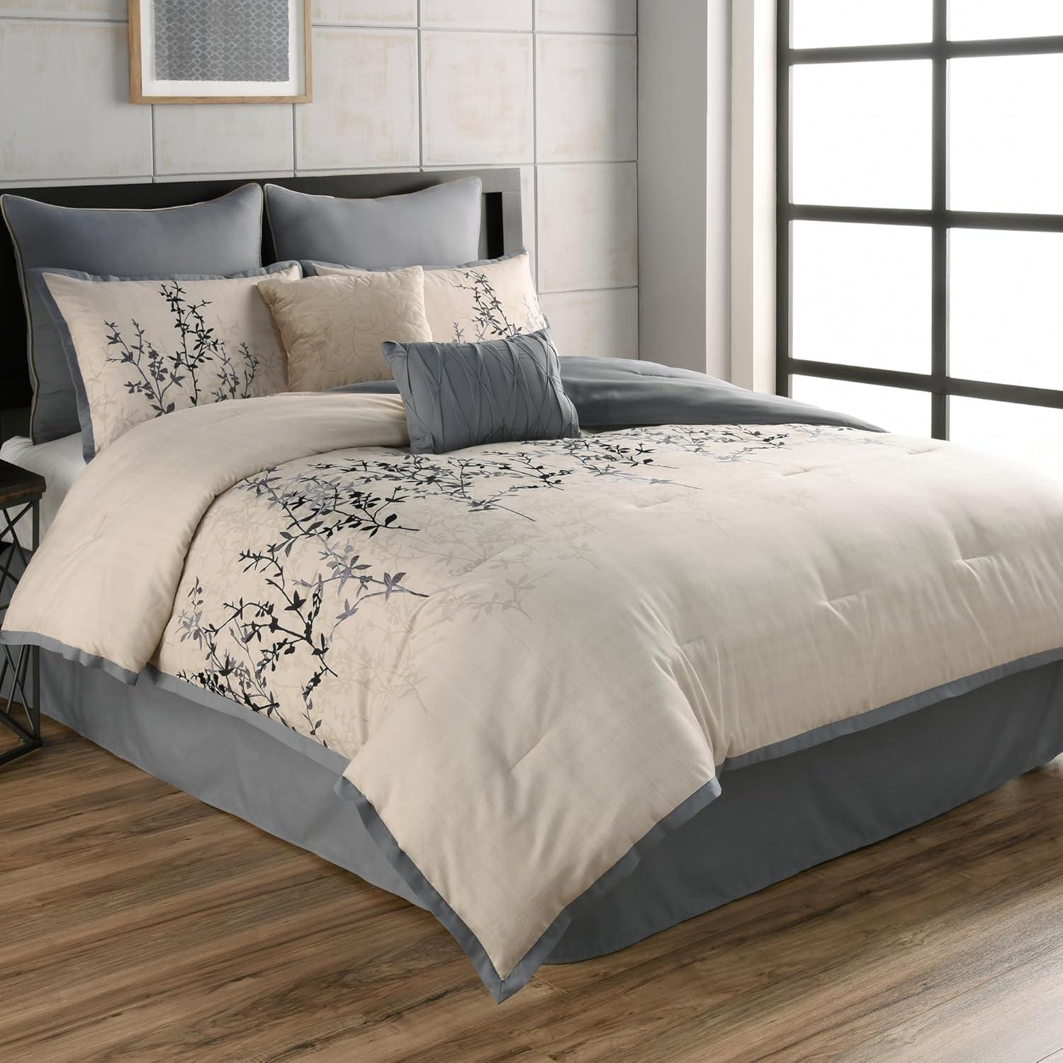 Hayden 8 PC Queen Comforter Set Blue/Taupe Riverbrook Home Hayden Collection Contemporary 8 piece set King