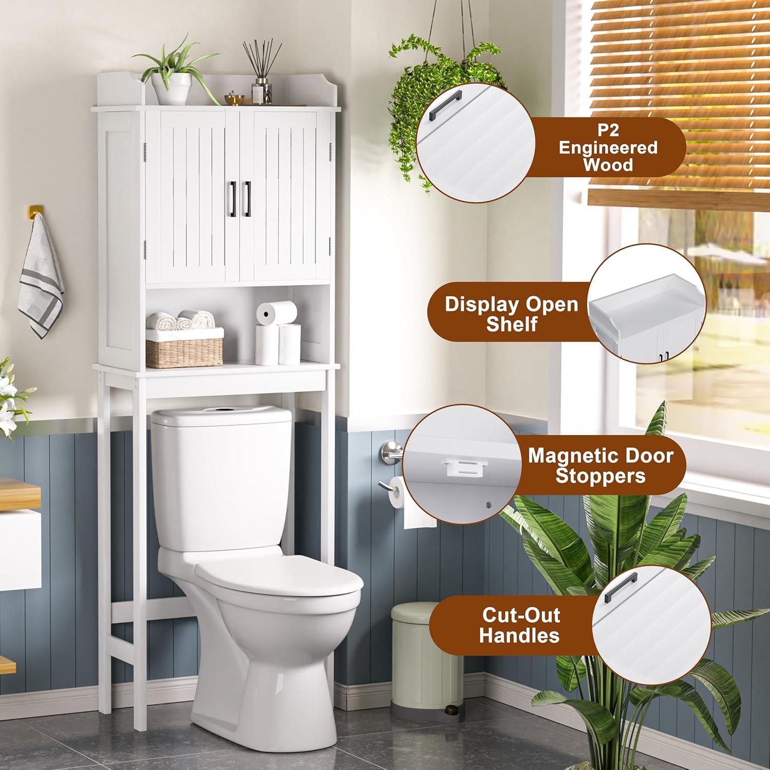 MUPATER Bathroom 67" Storage Cabinet Organizer with Shelves and Doors, Small Freestanding Toilet Shelf Space Saver with Anti-Tip Design and Adjustable Bottom Bar, White