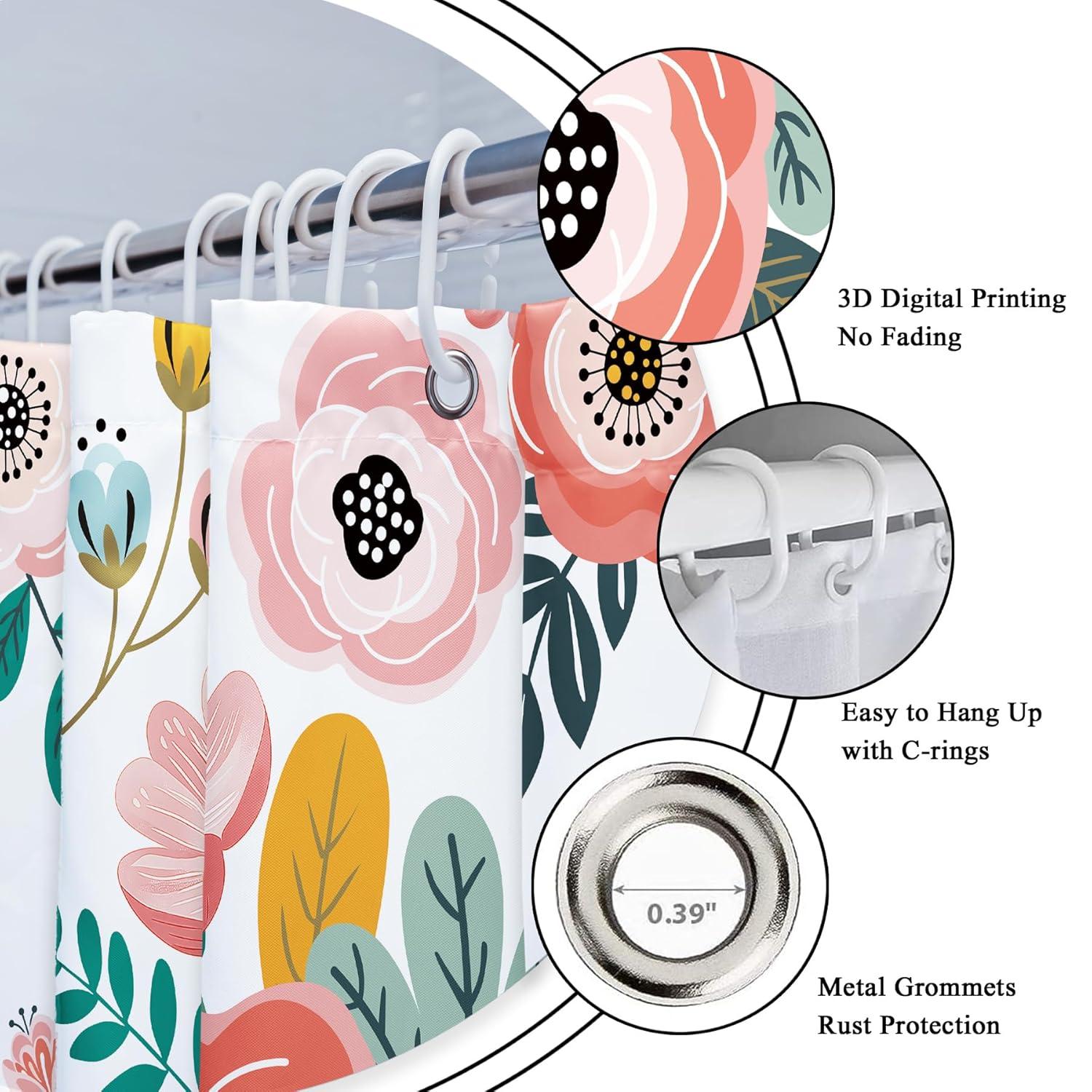 Red Barrel Studio® Pink Floral Shower Curtain For Bathroom Decor 72Wx72h Watercolor Colorful Flower Tropical Leaves Spring Botanical Sage Green Art Printed Fabric Polyester Waterproof 12 Pack Plastic Hooks