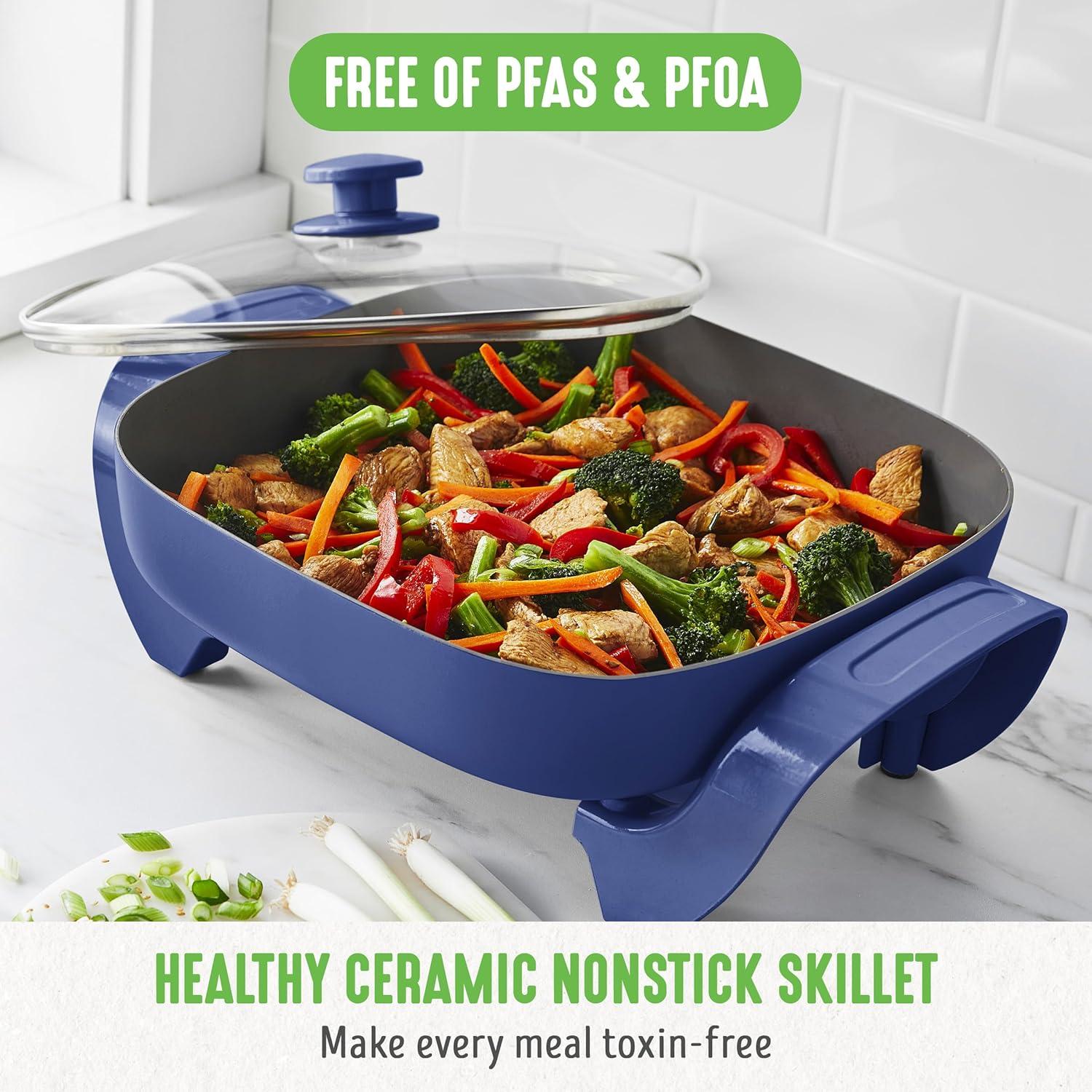 UZOPAL 12" 5QT Square Electric Skillet with Glass Vented Lid, PFAS-Free Ceramic Nonstick Interior