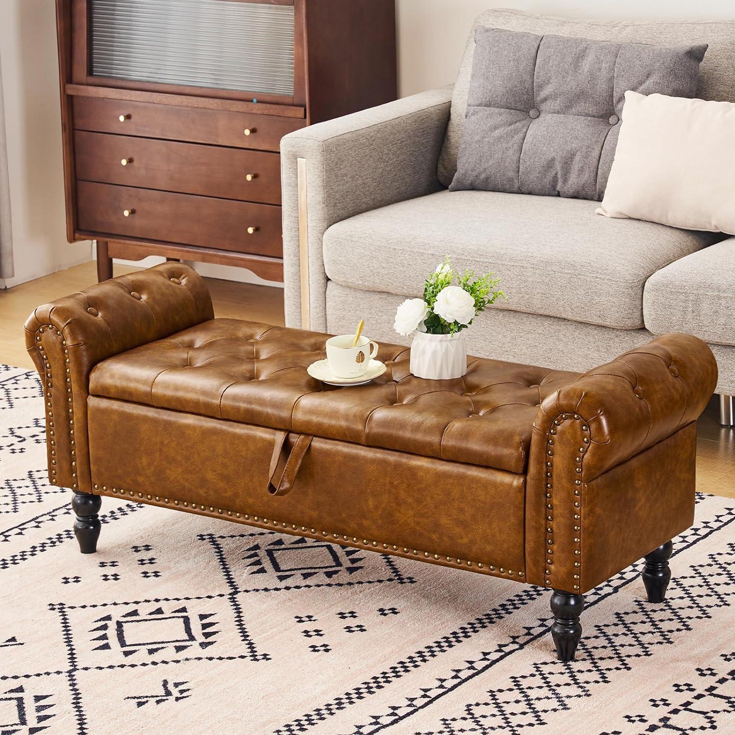 Yellow Brown Faux Leather Tufted Storage Bench with Black Legs