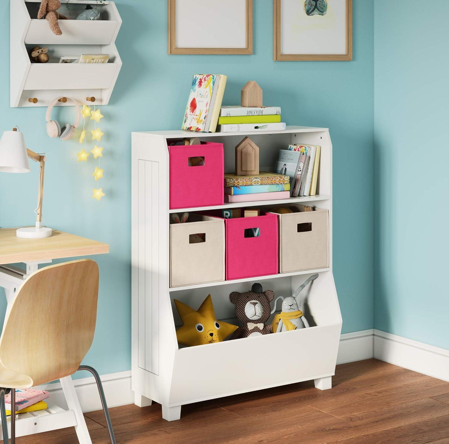 White Adjustable Kids Bookshelf with Toy Storage Bins