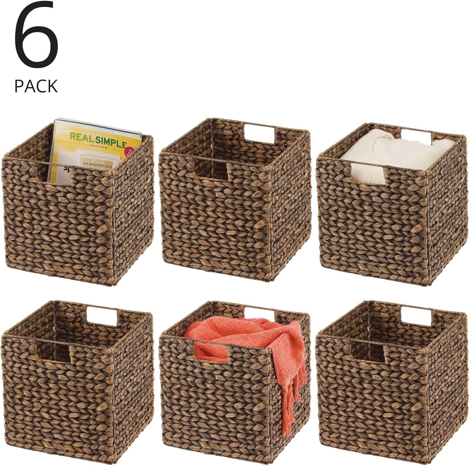 mDesign Hyacinth Woven Cube Bin Basket Organizer, Handles, 6 Pack, Brown Wash