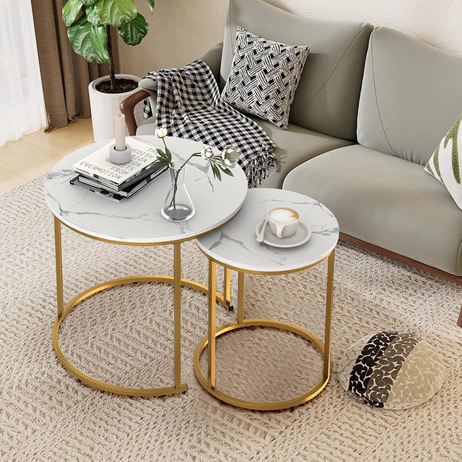 White and Gold Round Marble Nesting Coffee Tables