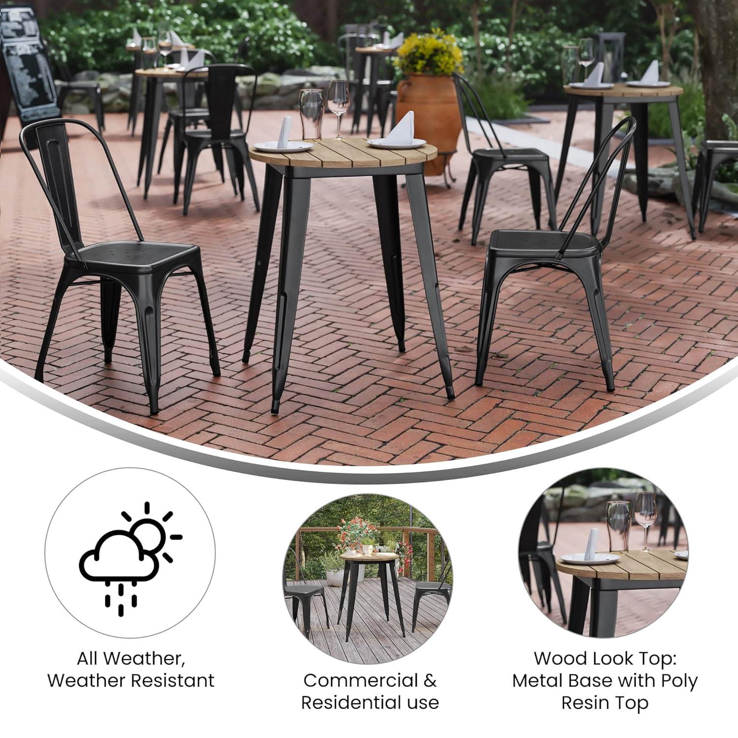 Flash Furniture Declan Commercial Grade Indoor/Outdoor Dining Table, 23.75" Round All Weather Brown Poly Resin Top with Black Steel Base