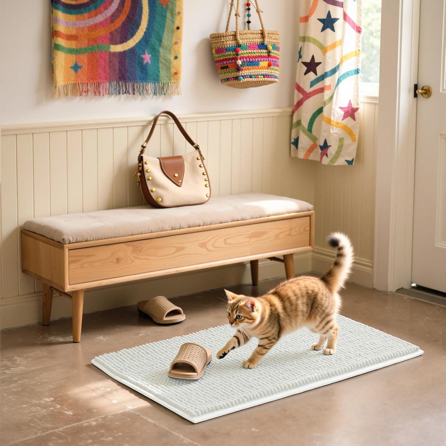 Bathroom Rugs Chenille Bath Rug Soft Short Plush, Water Absorbent Shower Mat Quick Dry Machine Washable(White,16" x 24")