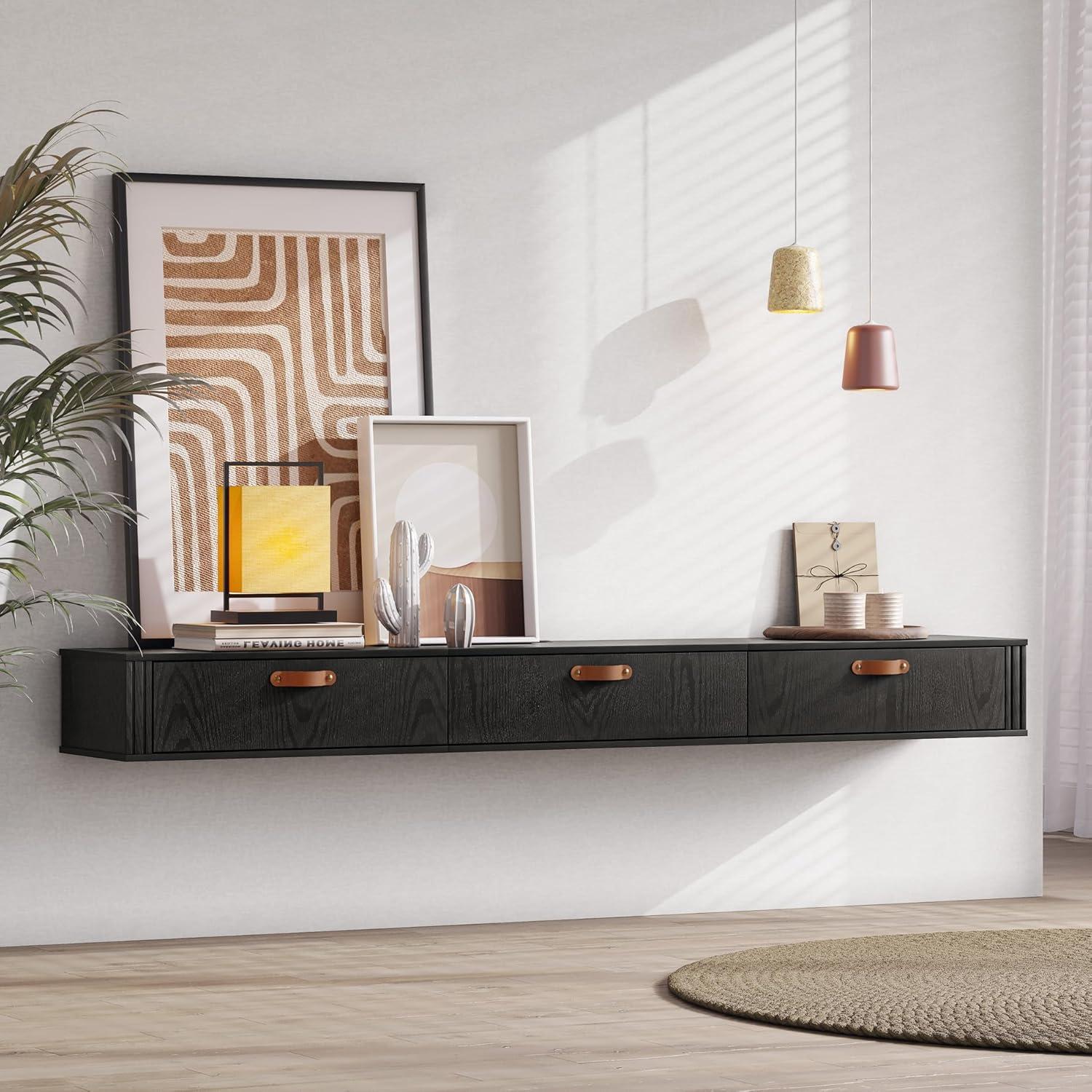 WAMPAT 70 inch Floating TV Shelf for Under TV, Floating TV Stand for 75 TVs, Wall Mount Media Console TV Stand with Storage for Living Room,Bedroom, Black