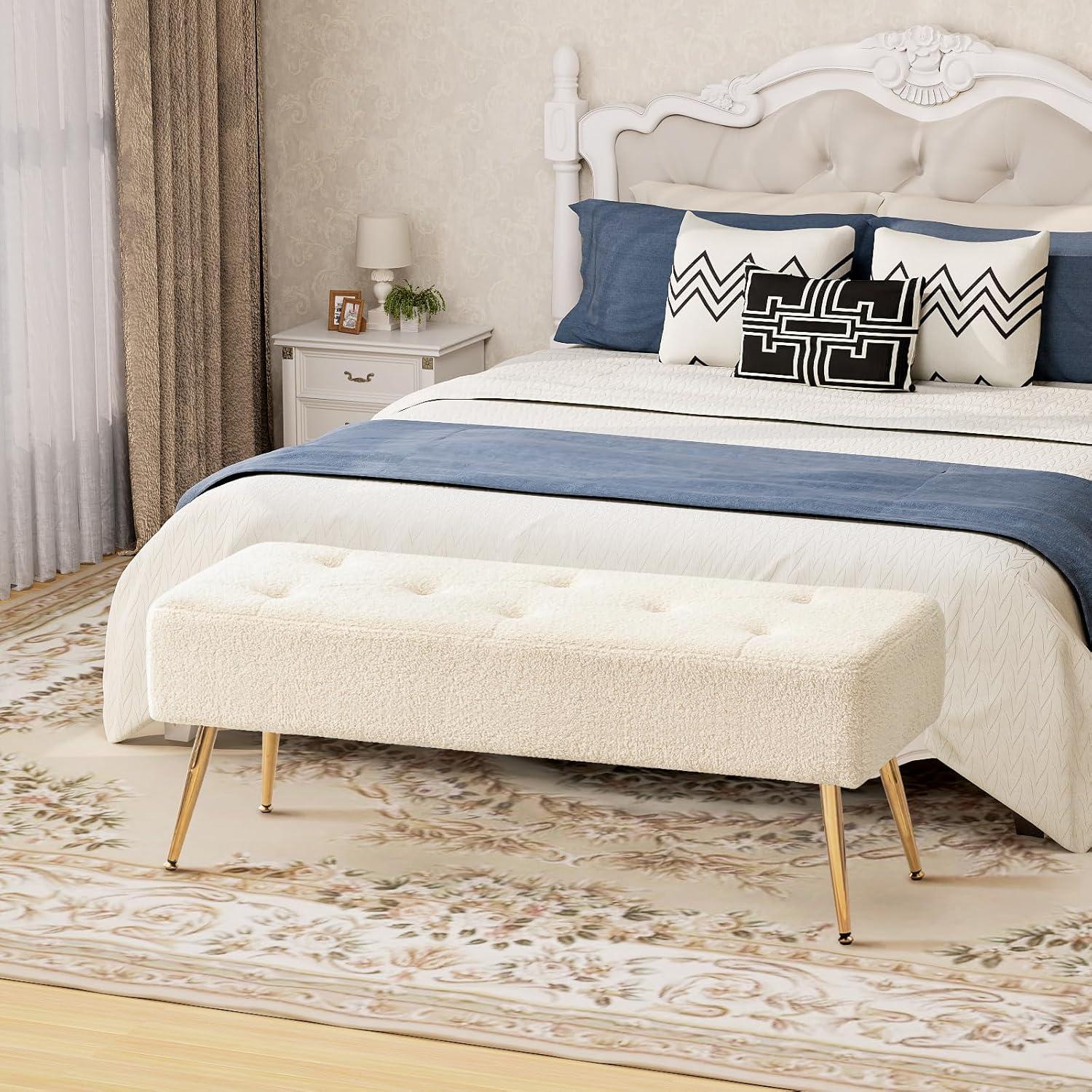 Furniliving Entryway Ottoman Bench Metal Legs Shoe Bench Upholstered Bedroom Bench , Ivory White