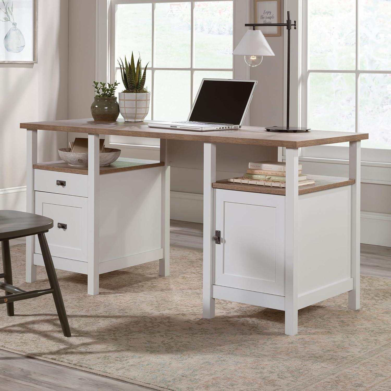 White and Oak Double Pedestal Desk with Drawers