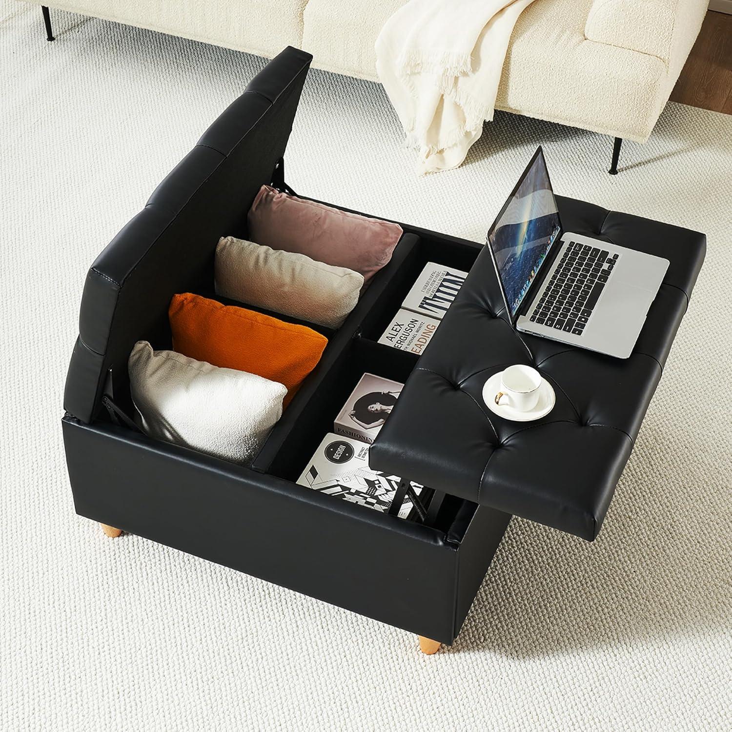 Garvee Leather Storage Ottoman Coffee Table with Lift Top, Faux Leather Ottoman with Storage, Square Storage Ottoman Bench for Bedroom Living Room