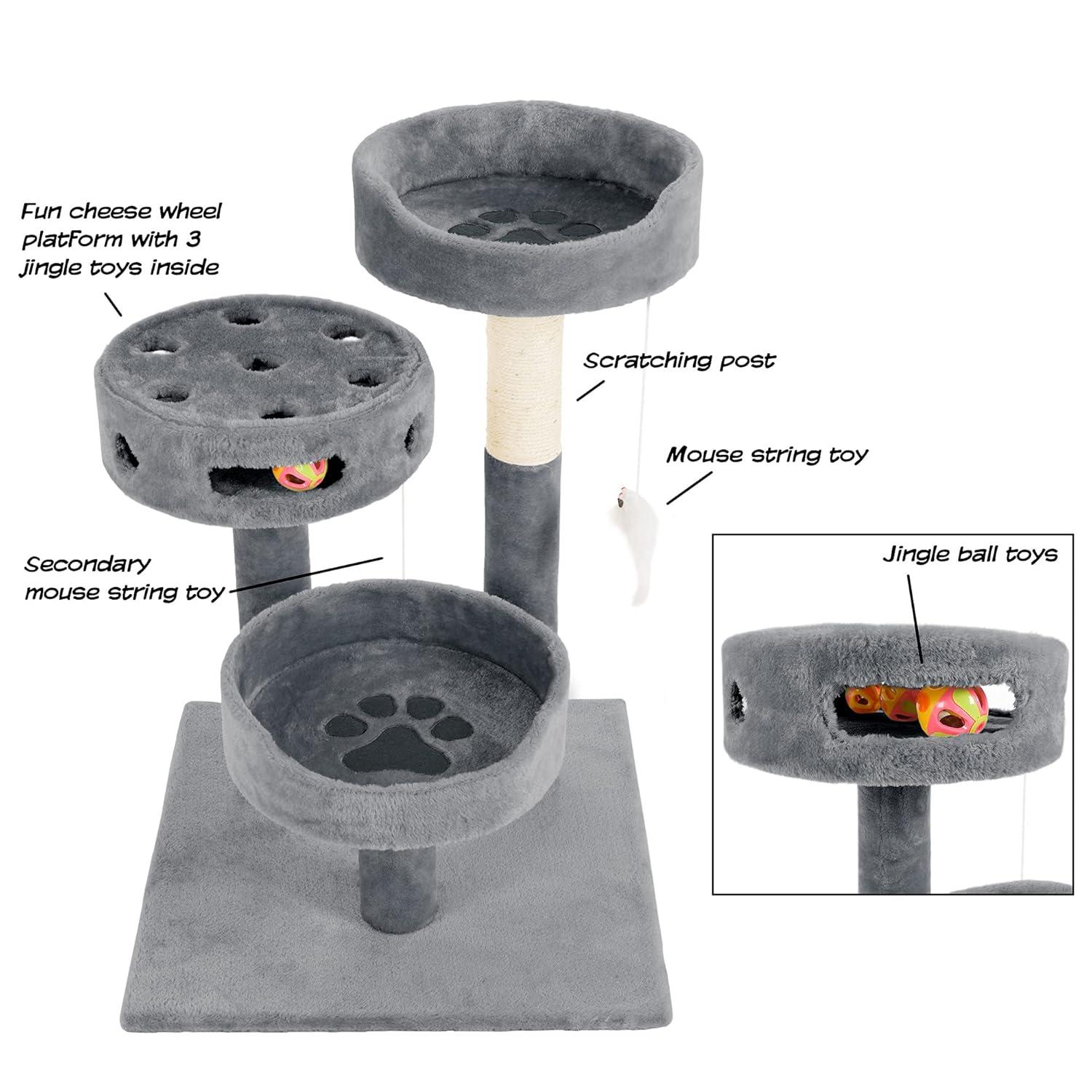 3-Tier Cat Tower with Sisal Rope Scratching Post, 2 Carpeted Napping Perches, Hanging Mouse, and Interactive Toy for Indoor Cat Use by PETMAKER (Gray)