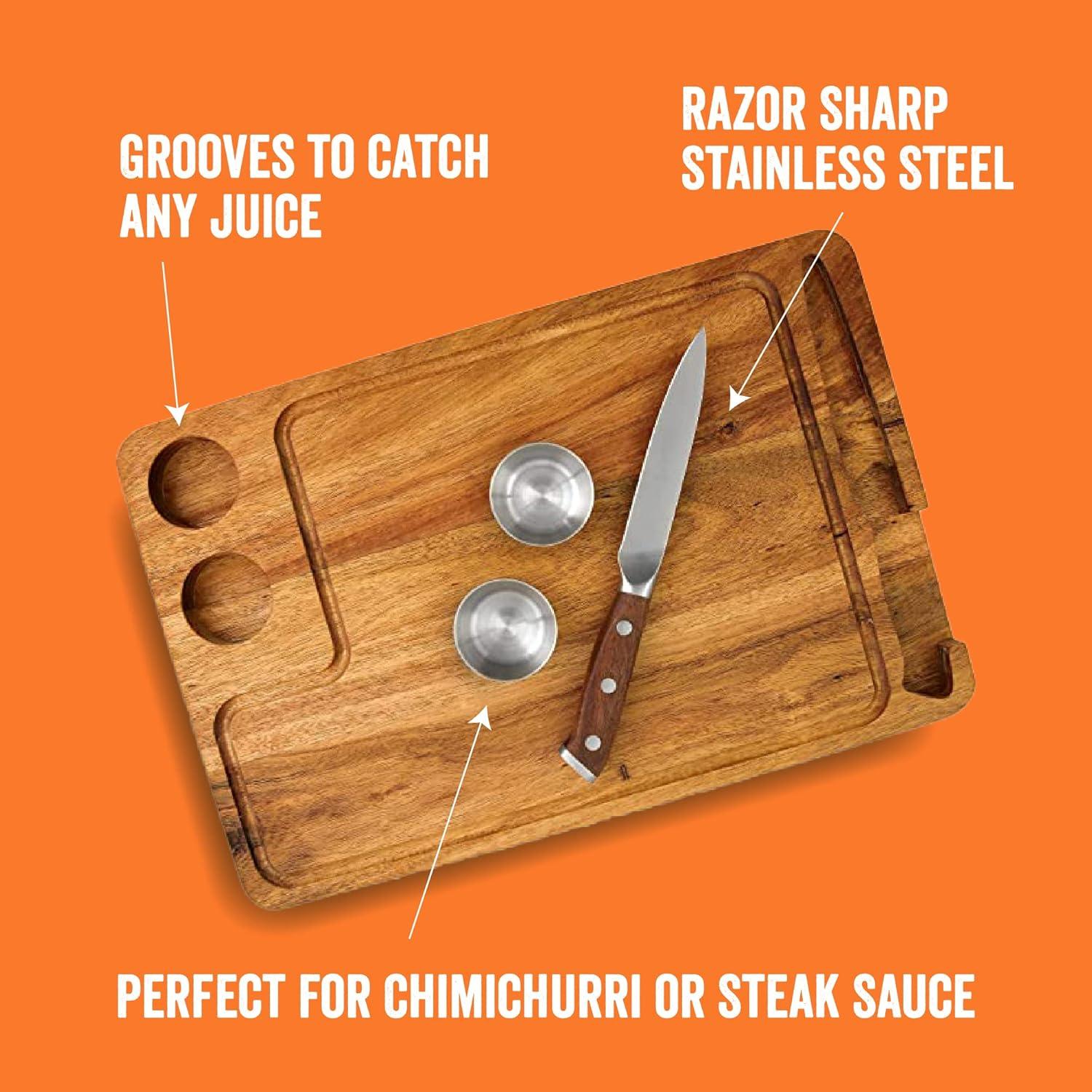 Yukon Glory Steak Board for Serving Steak, Meat, and Poultry in Style, Premium Acacia Wood, Includes Sauce Cups and Steak Knife, 3 Pack.