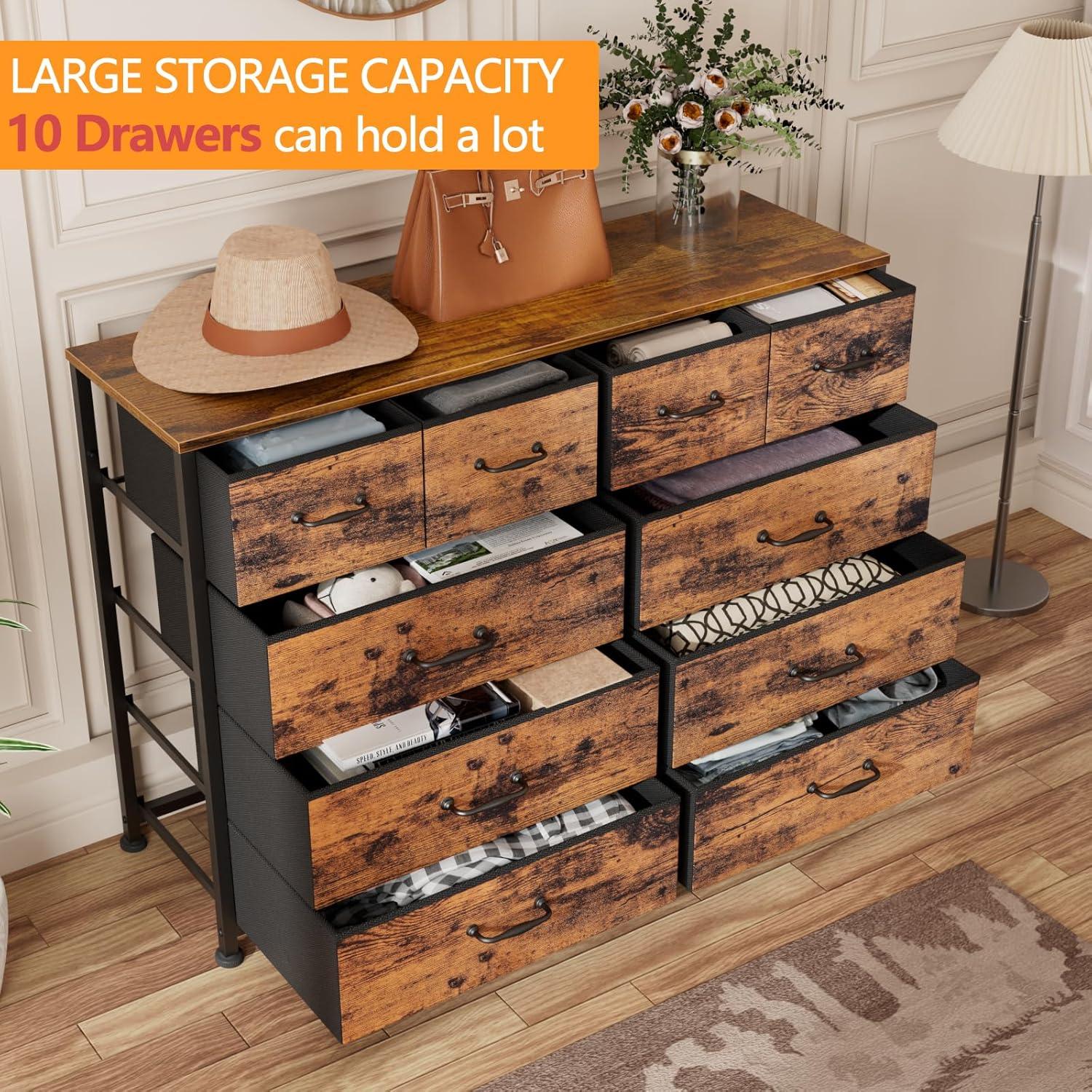 Furnulem Bedroom Dresser for 55”Long TV Stand,10 Storage Organizer Dressers & Chests of Drawers, Sturdy Metal Frame & Wood Top Tall Storage Cabinet for Bedroom Closet Living Room Entryway Rustic Brown