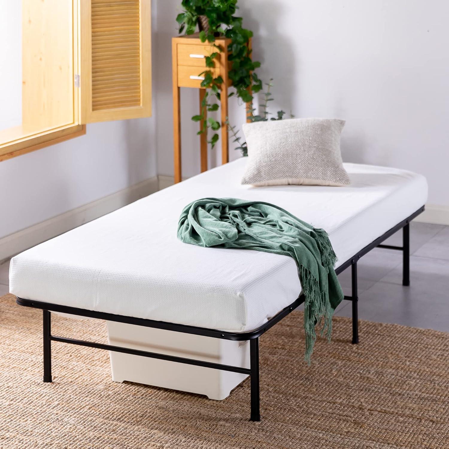 Twin XL Black Metal Platform Bed Frame with Bamboo Slats