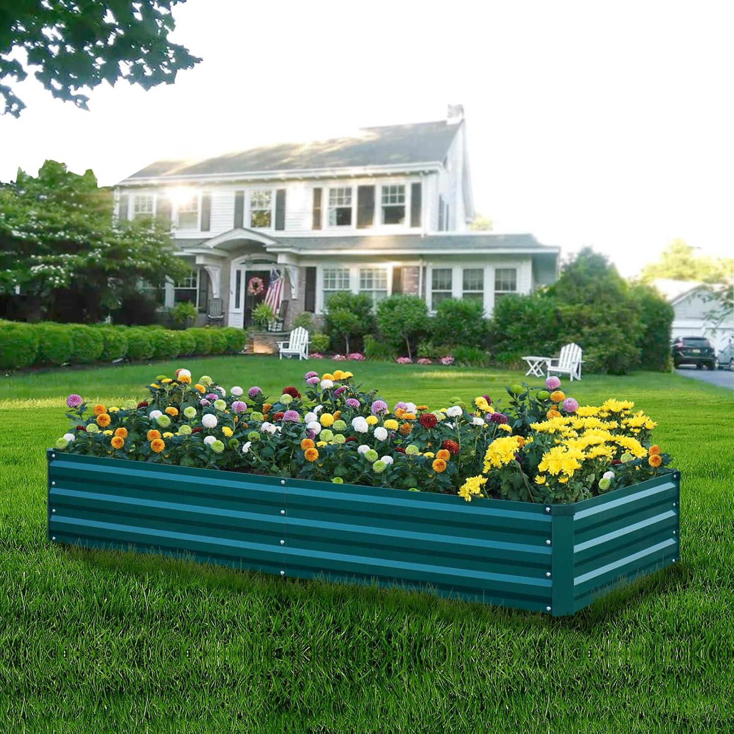 Green Galvanized Steel Outdoor Raised Garden Bed, 8x4x1FT