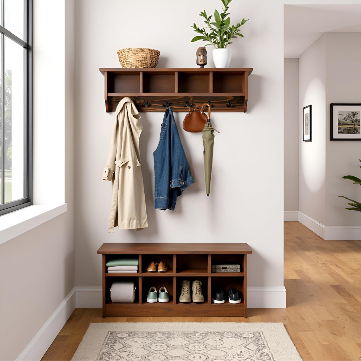 Alaterre Furniture Pomona Industrial 48 in. Solid Wood & Metal Coat-Rack With 6 Strong Coat Hooks and 4 Cubbies
