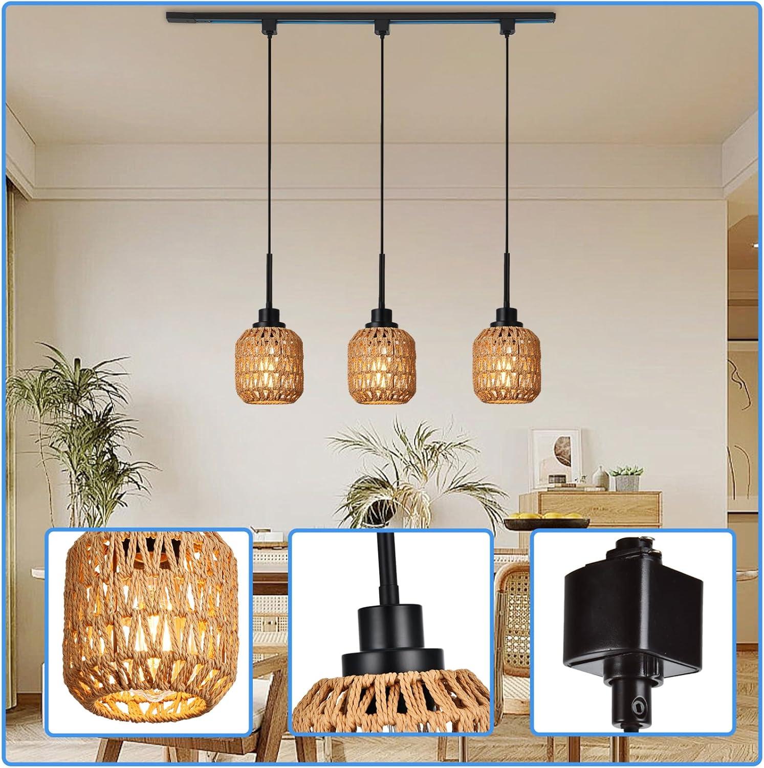 3-Pack H Type Track Lighting Pendants, Ceiling Track Hanging Light Fixture with Hand-Woven Rattan Shade, H-Type Tracking Boho Pendant Lighting Fixtures for Kitchen Island Dining Room, E26 Base