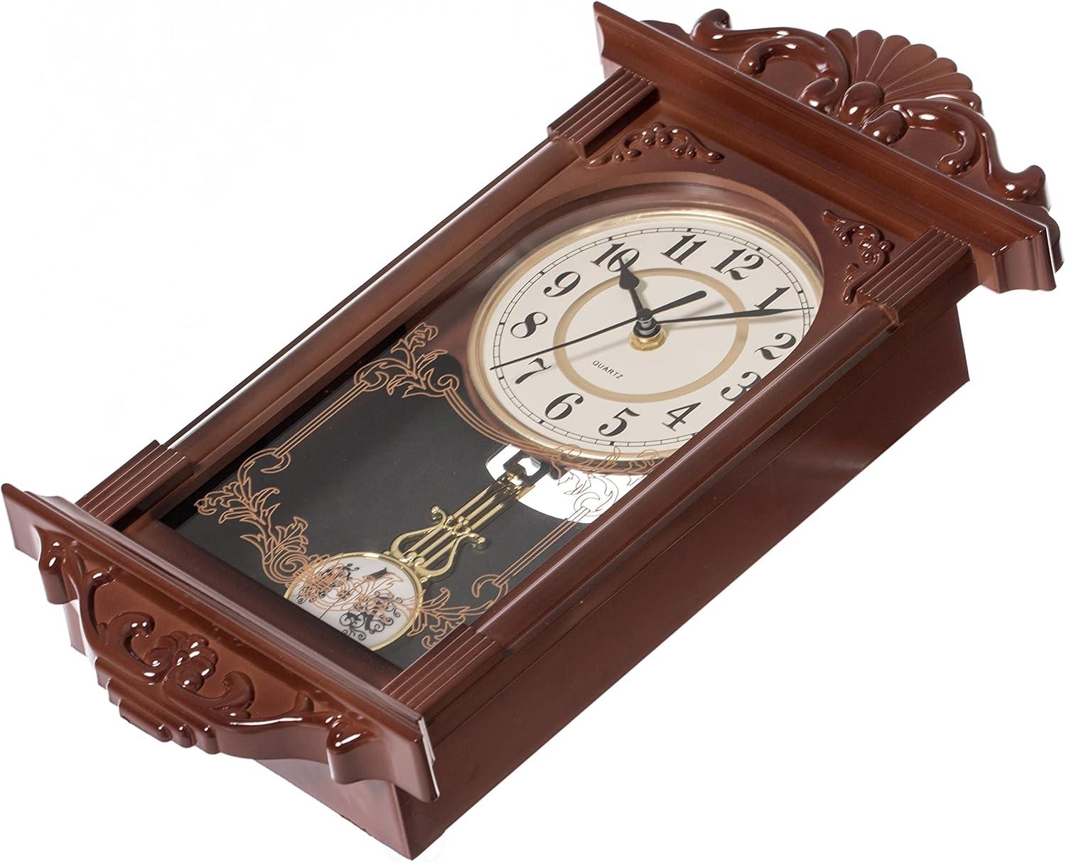 Clockswise Vintage Grandfather Wood-Looking Plastic Pendulum Decorative Battery-Operated Wall Clock