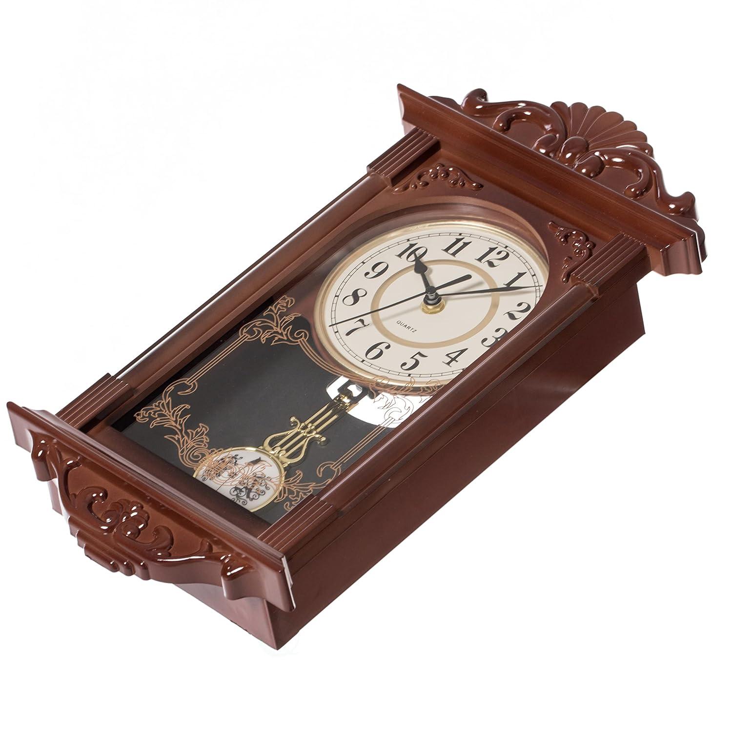 Clockswise Vintage Grandfather Wood-Looking Plastic Pendulum Decorative Battery-Operated Wall Clock, for Home Decor, Brown