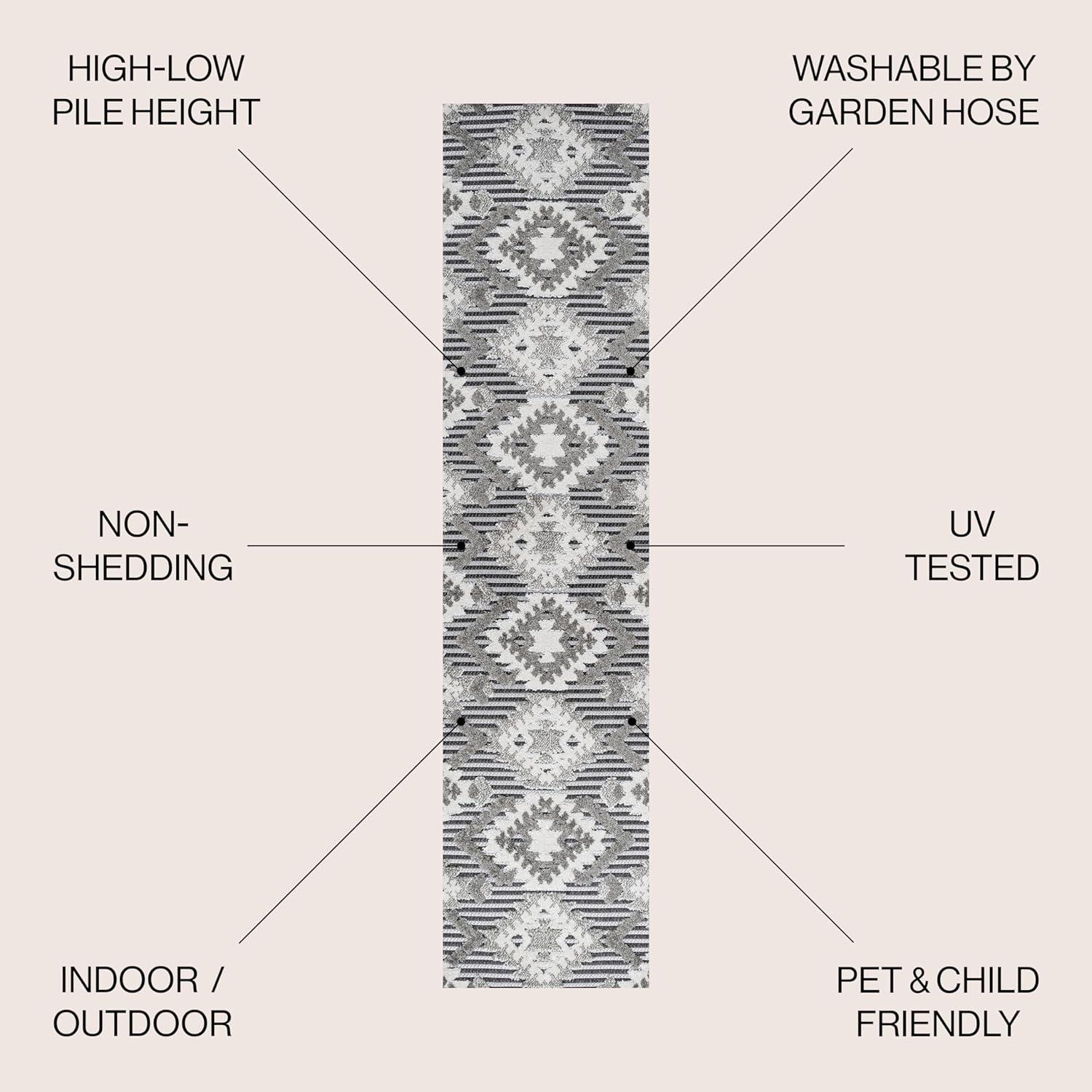 2'x10' Sumak High-Low Pile Neutral Diamond Kilim Indoor/Outdoor Runner Rug, Gray/White/Black - JONATHAN Y