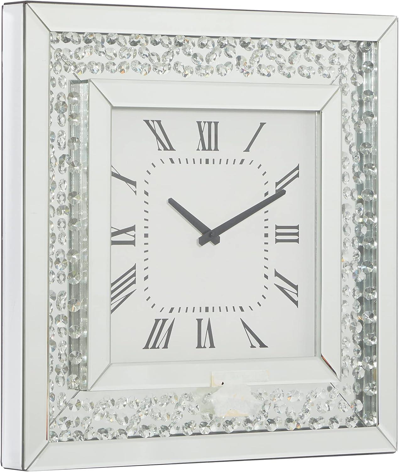 Wood Mirrored Wall Clock with Floating Crystals Silver - Olivia & May: Silent, Art Deco Style, Square Shape