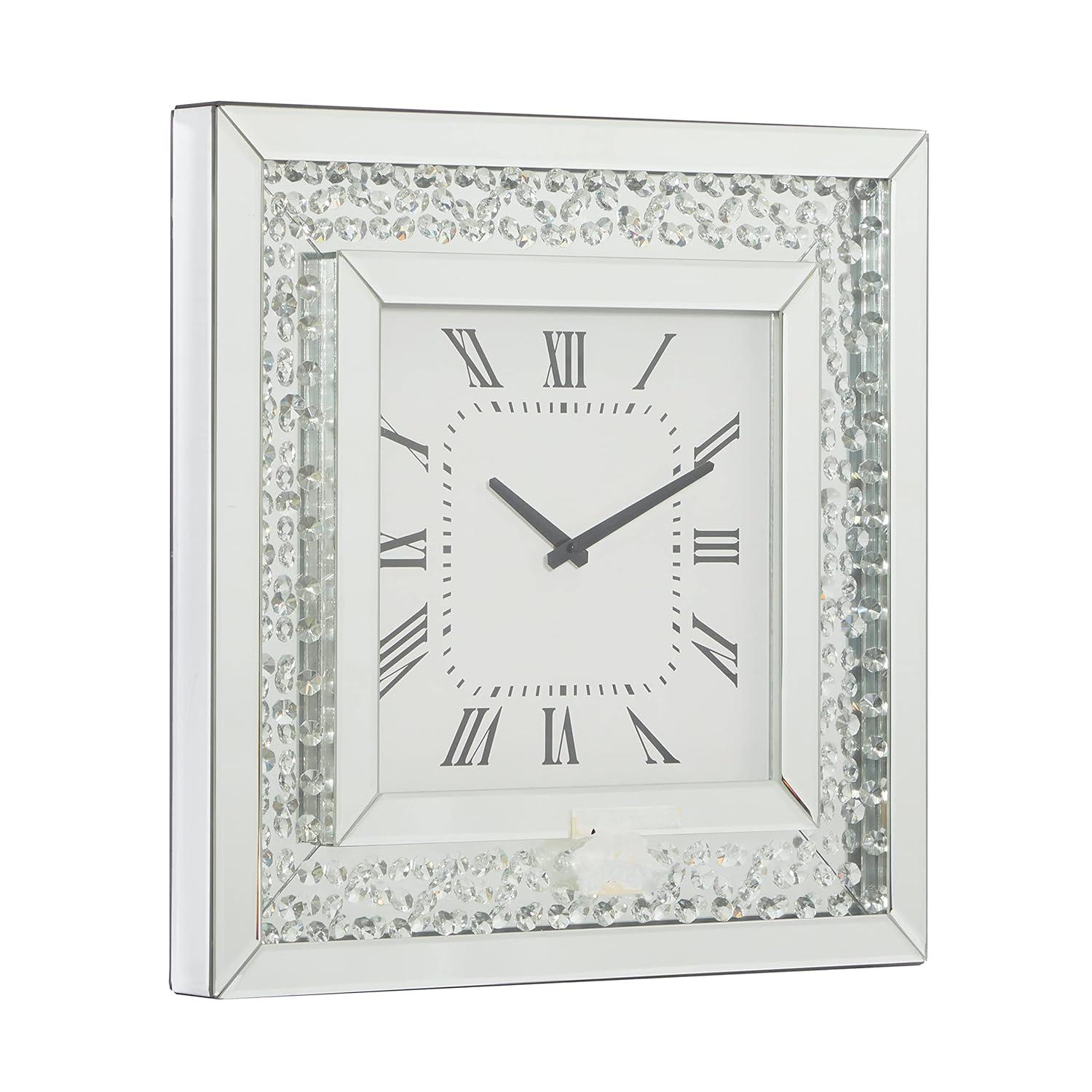 Wood Mirrored Wall Clock with Floating Crystals Silver - Olivia & May: Silent, Art Deco Style, Square Shape